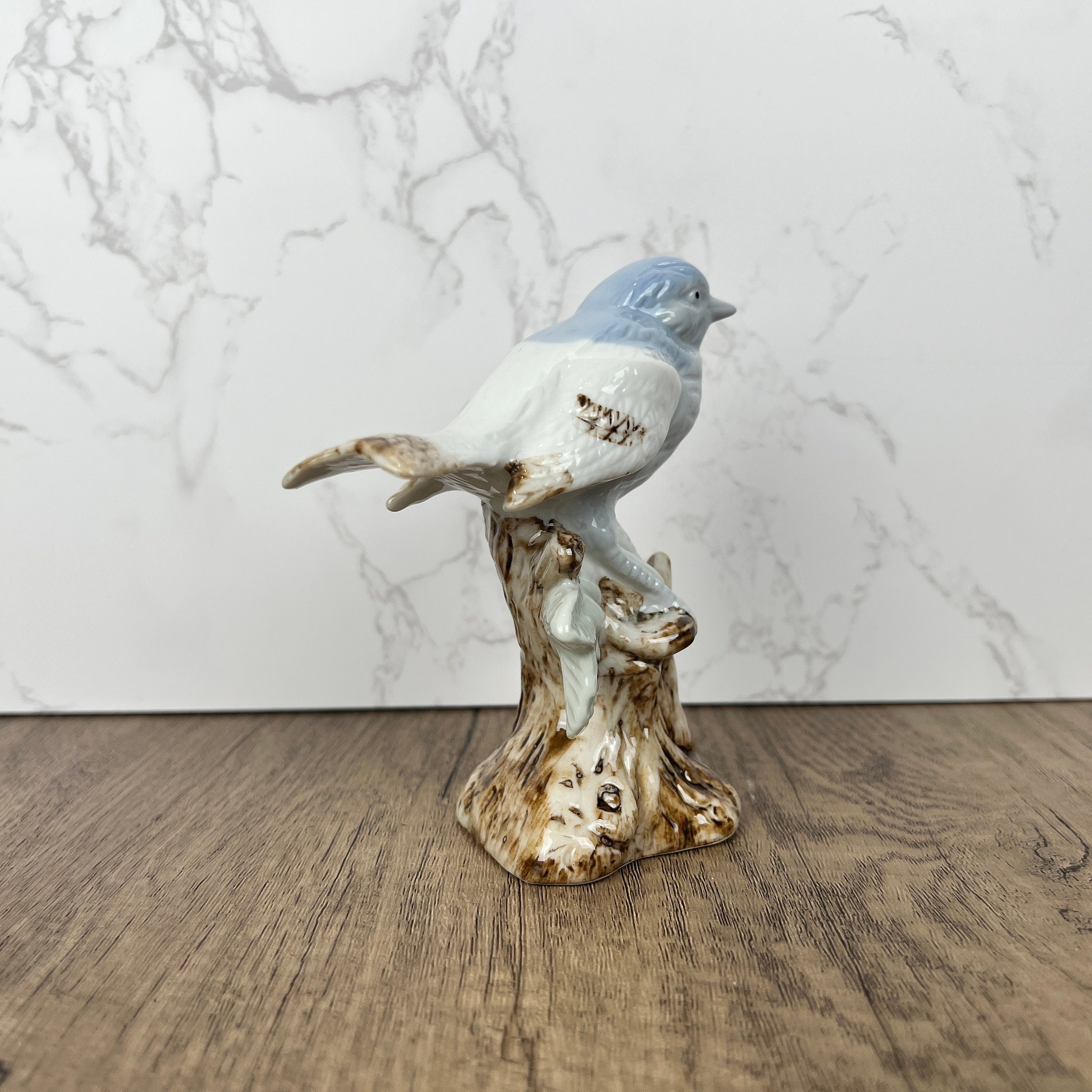 Ceramic Bird on Log Figurine, Table Decoration Figures, Porcelain Handmade Animal Figurine