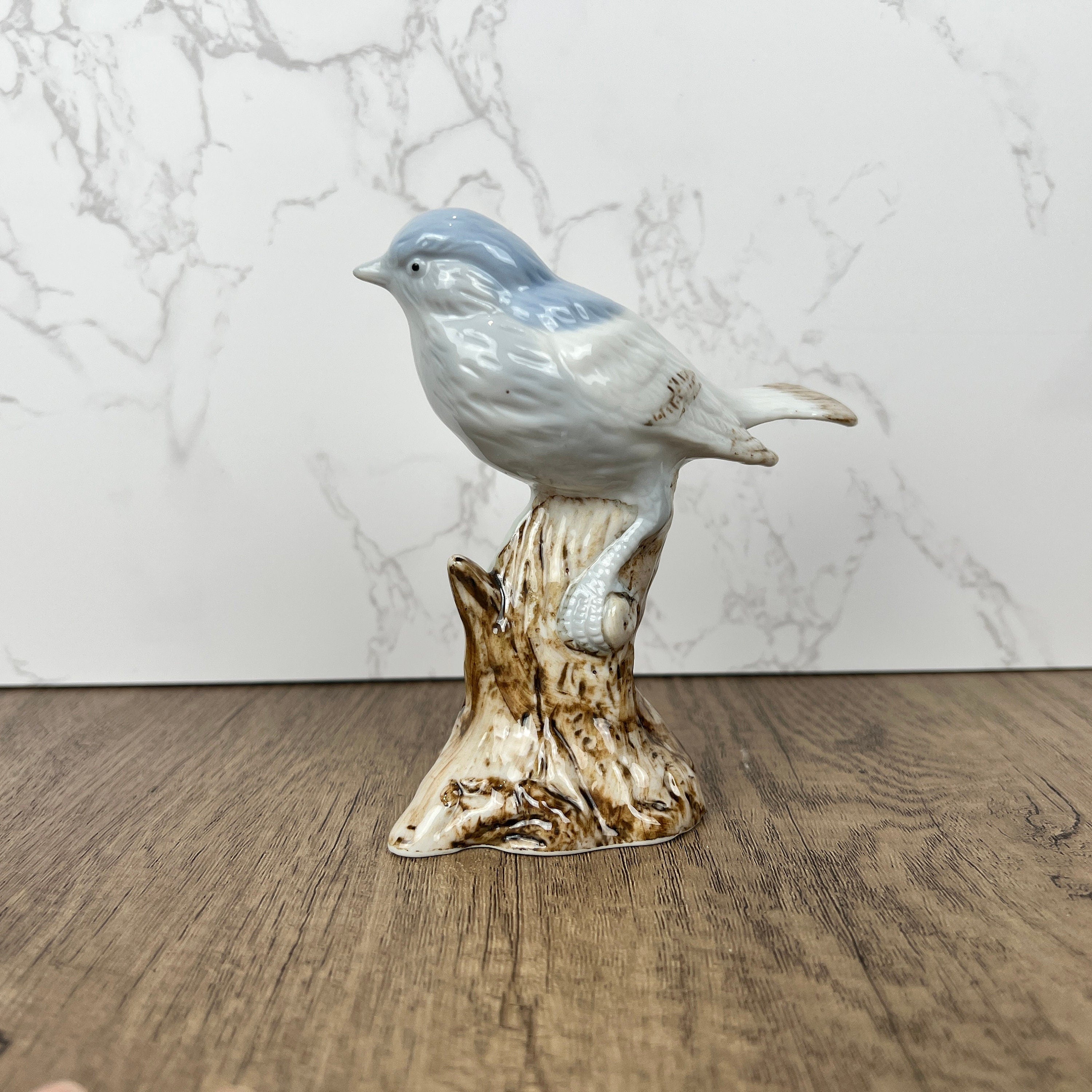 Ceramic Bird on Log Figurine, Table Decoration Figures, Porcelain Handmade Animal Figurine