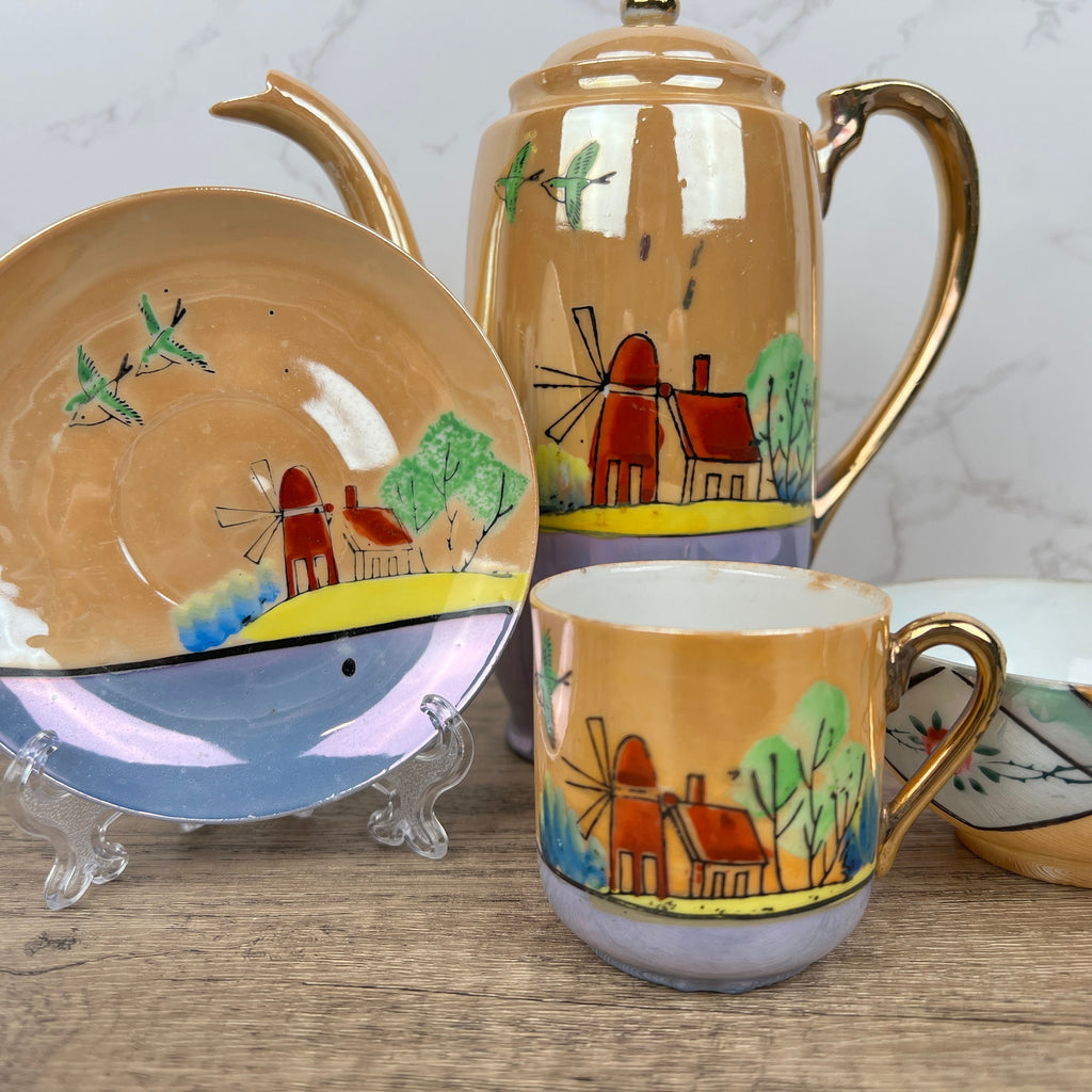 Vintage Mikori Japan Espresso Set, Hand Painted Windmill Landscape