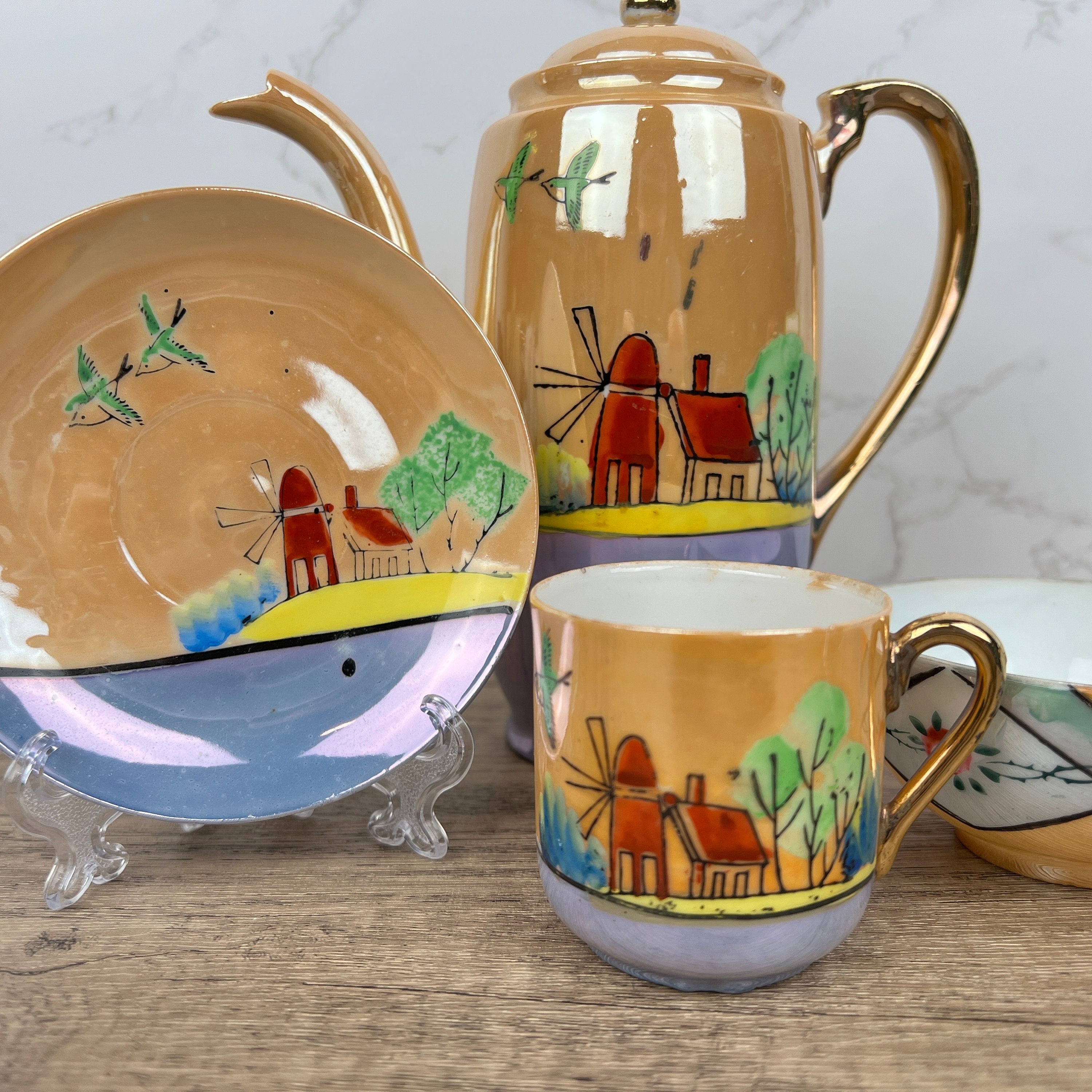 Vintage Mikori Japan Espresso Set, Hand Painted Windmill Landscape