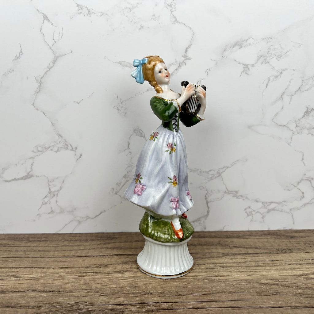 Vintage Victorian Style Porcelain Figurine, Woman Playing Harp