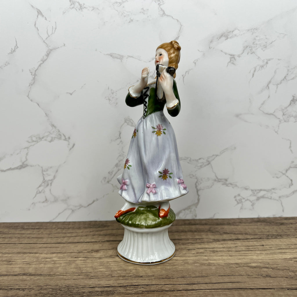 Vintage Victorian Style Porcelain Figurine, Woman Playing Harp