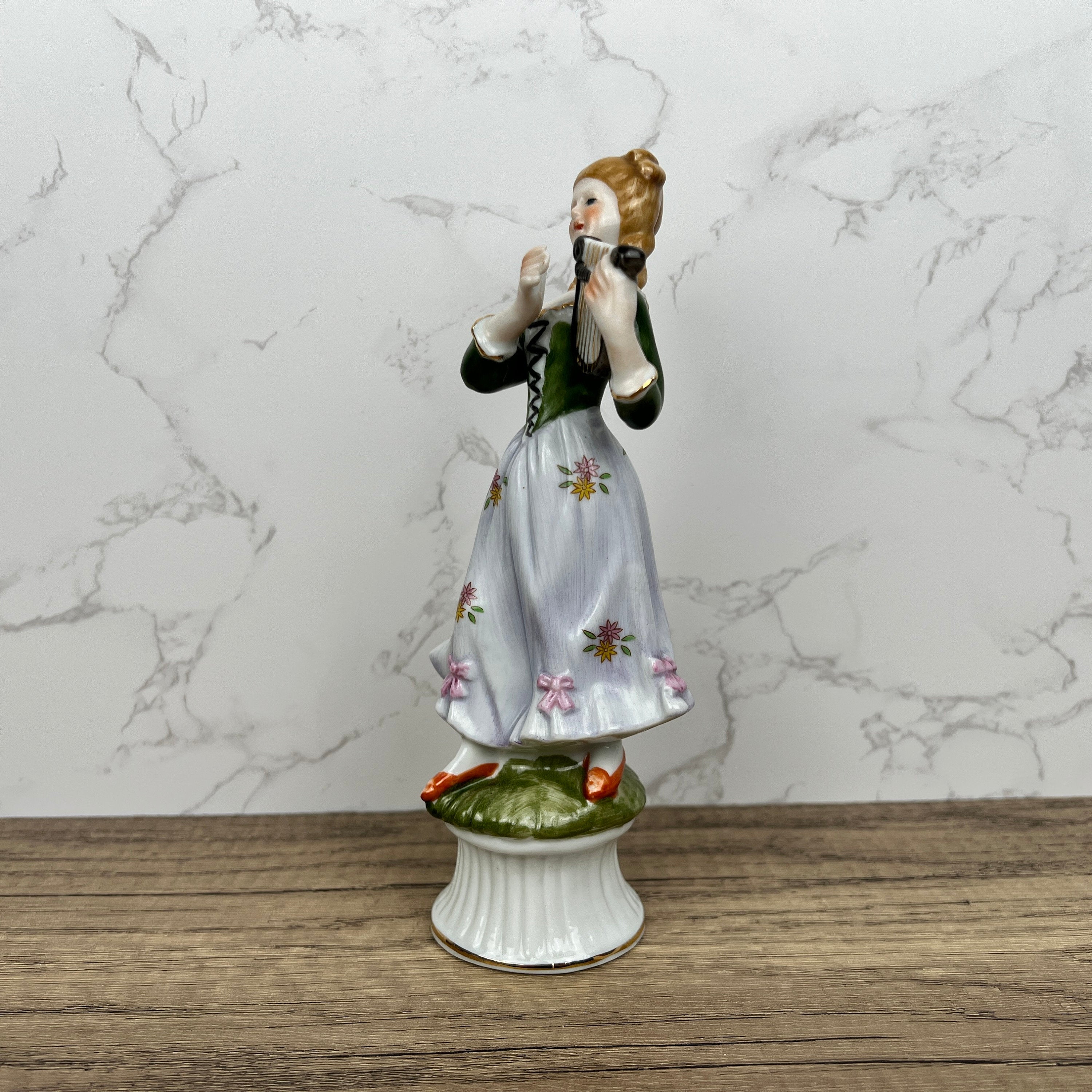 Vintage Victorian Style Porcelain Figurine, Woman Playing Harp