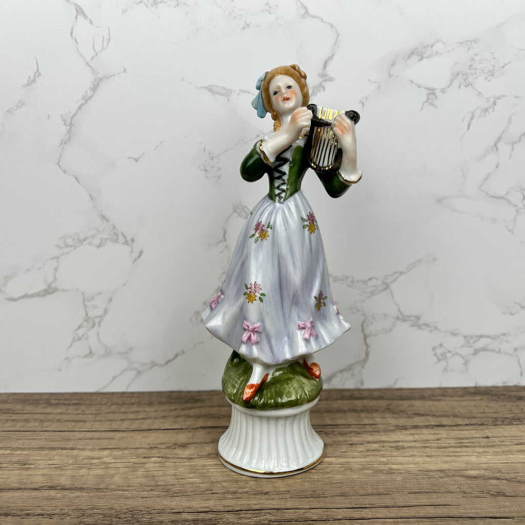 Vintage Victorian Style Porcelain Figurine, Woman Playing Harp