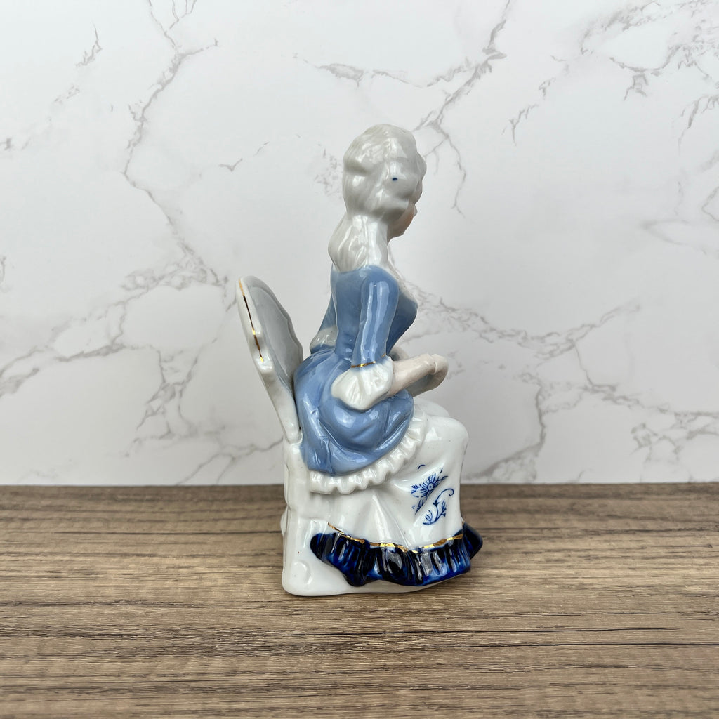 Vintage Victorian Porcelain Figurine, Blue White Lady with Fan