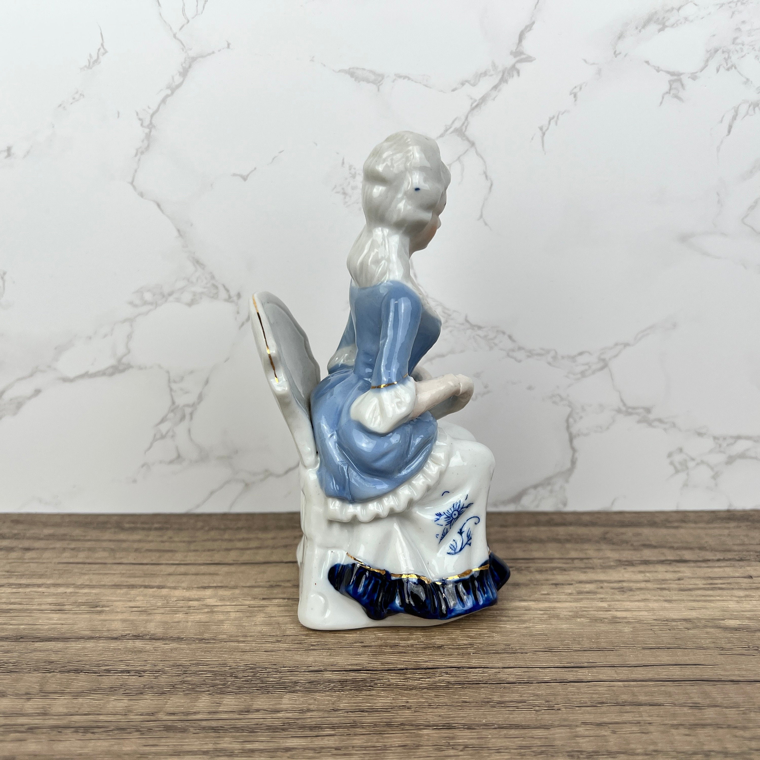 Vintage Victorian Porcelain Figurine, Blue White Lady with Fan