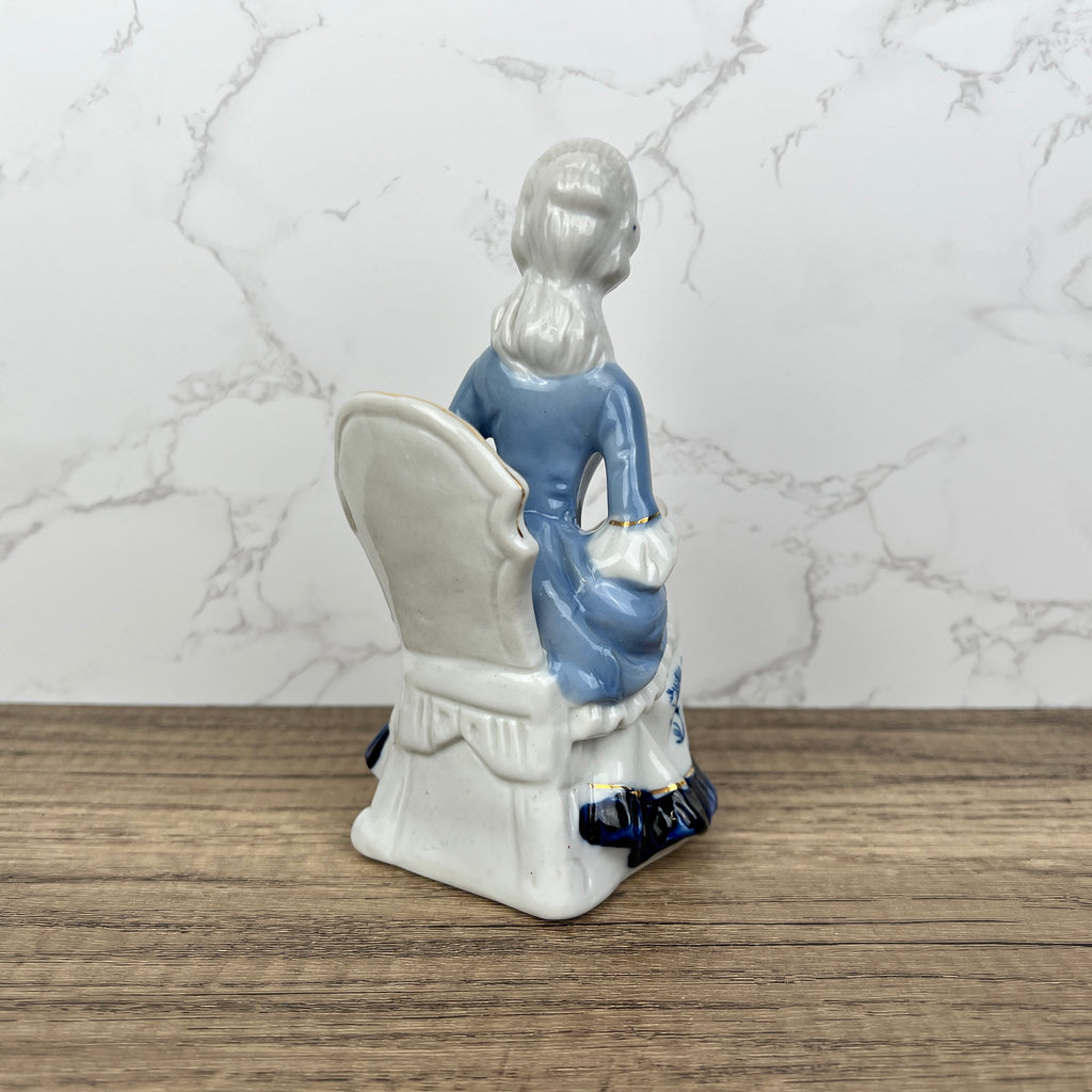 Vintage Victorian Porcelain Figurine, Blue White Lady with Fan
