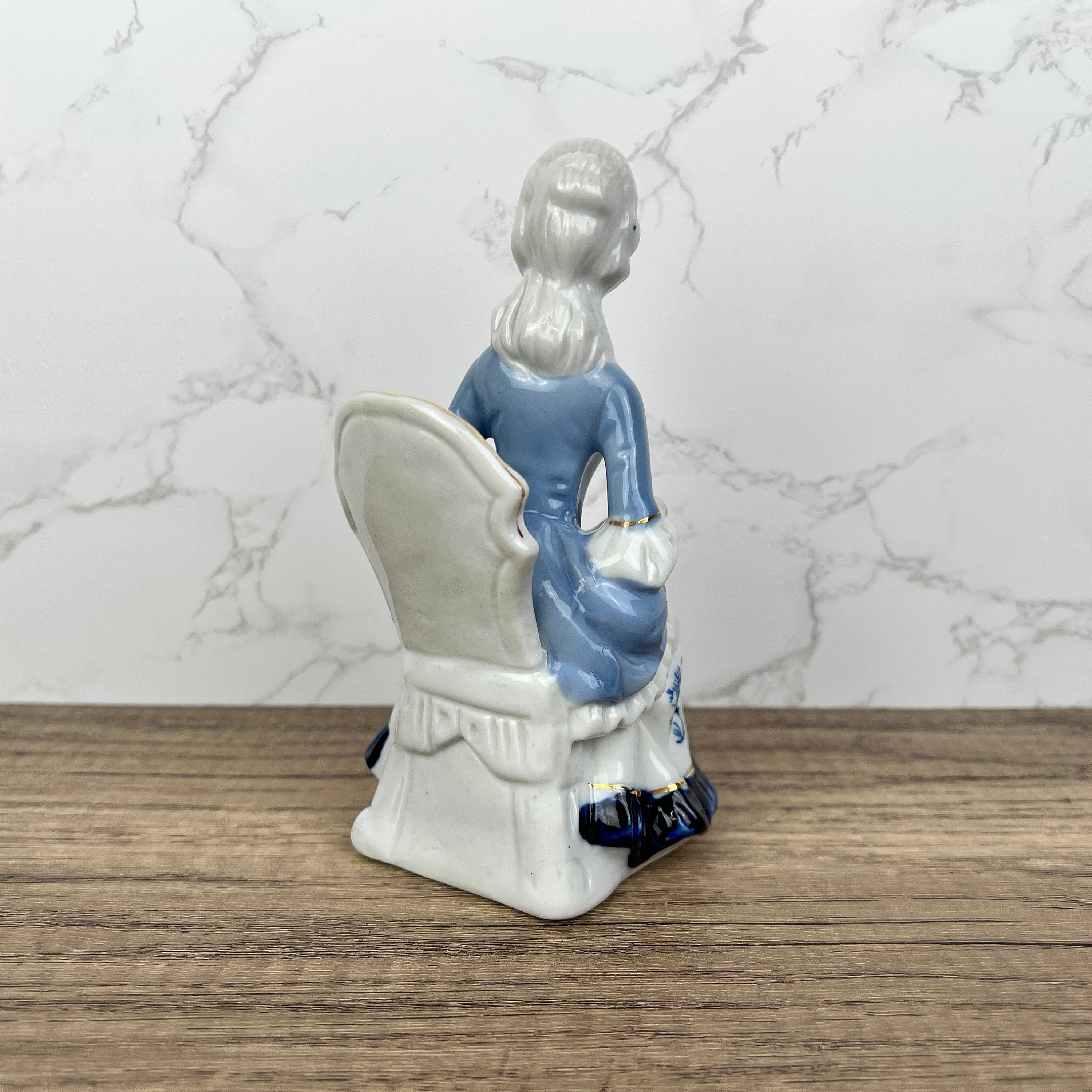 Vintage Victorian Porcelain Figurine, Blue White Lady with Fan