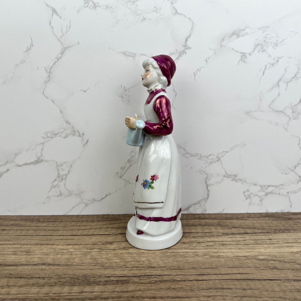 Vintage Porcelain Grandma Figurine, Floral Dress, Watering Jug