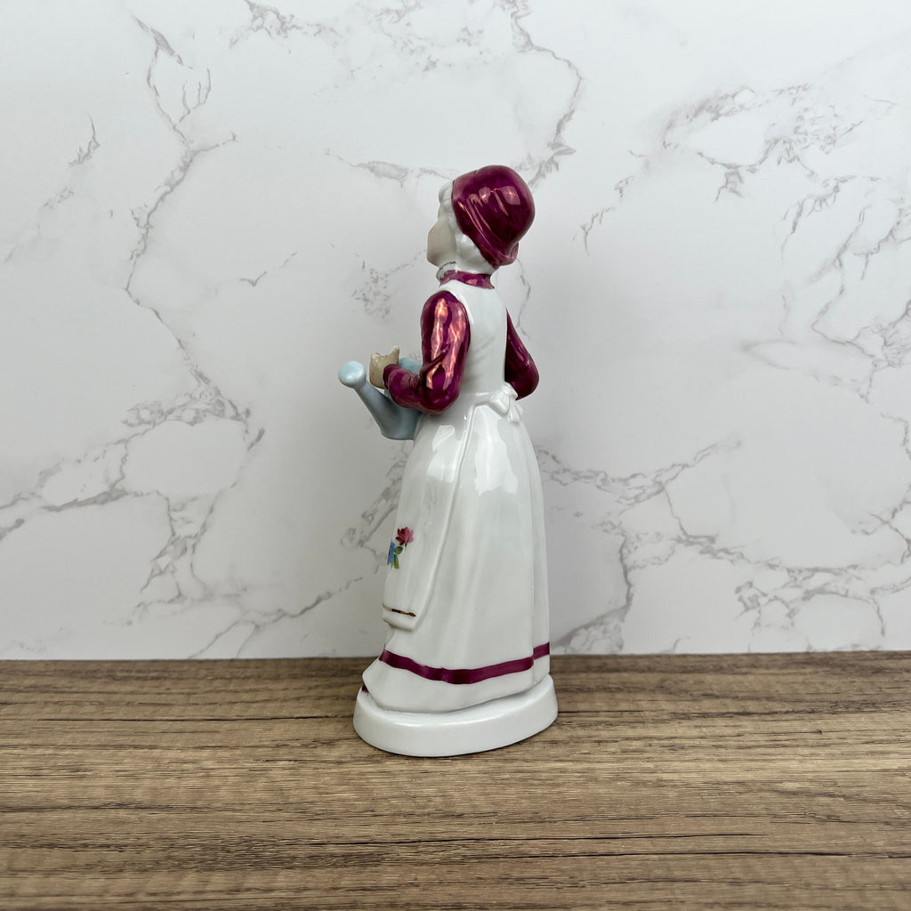 Vintage Porcelain Grandma Figurine, Floral Dress, Watering Jug