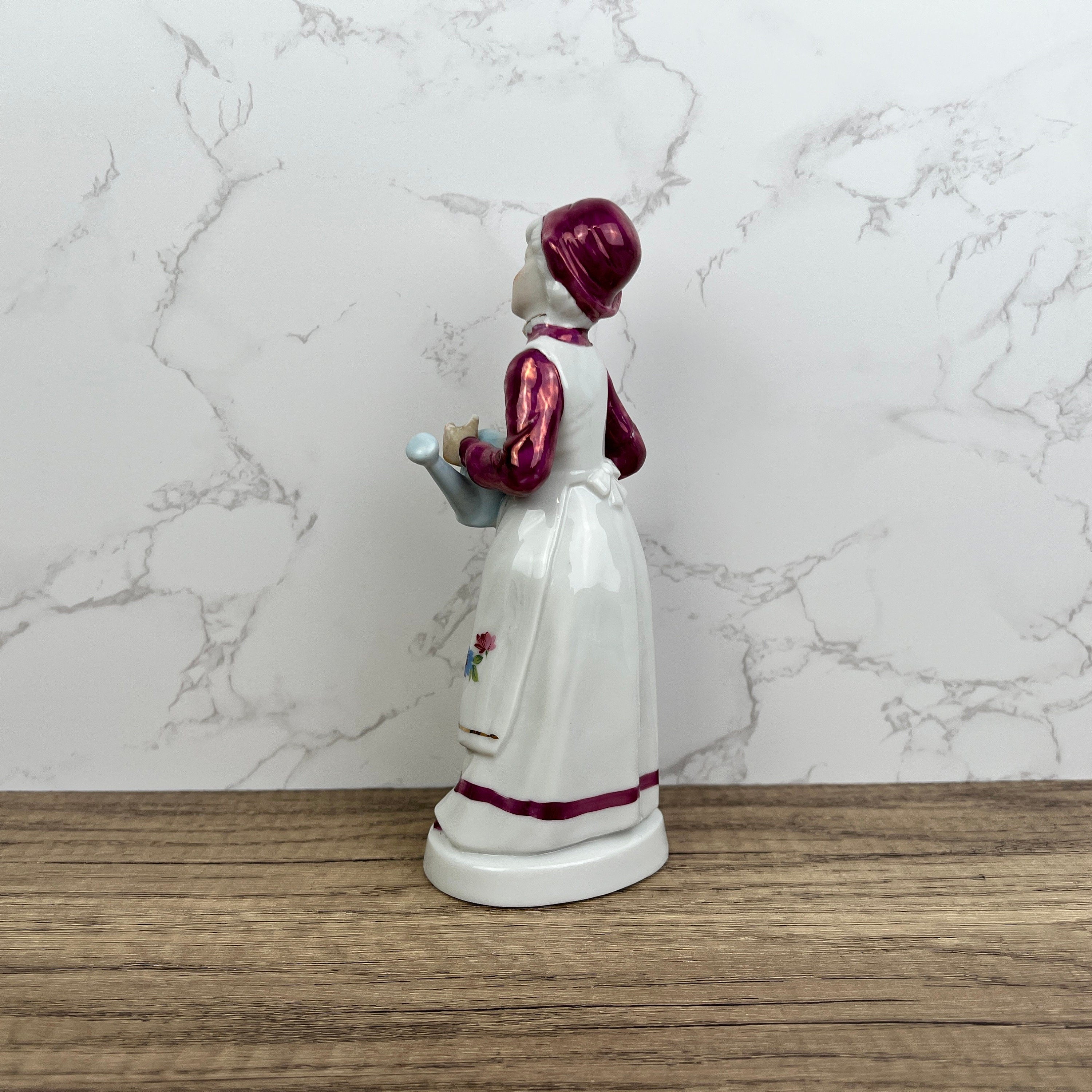 Vintage Porcelain Grandma Figurine, Floral Dress, Watering Jug