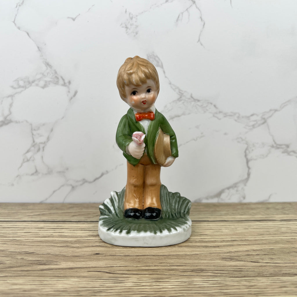 Alfretto Porcelain Boy Figurine with Flower, Handmade Crown Stamp