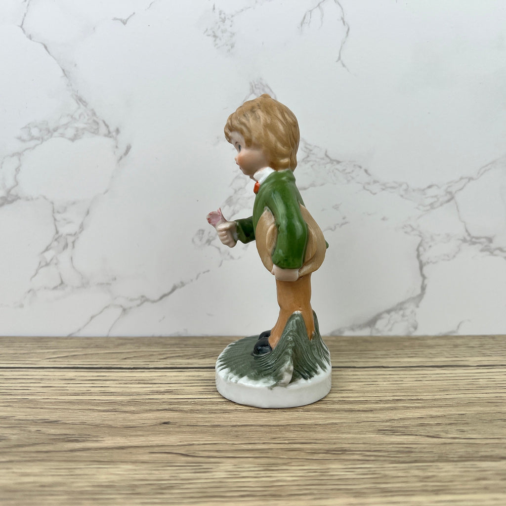 Alfretto Porcelain Boy Figurine with Flower, Handmade Crown Stamp