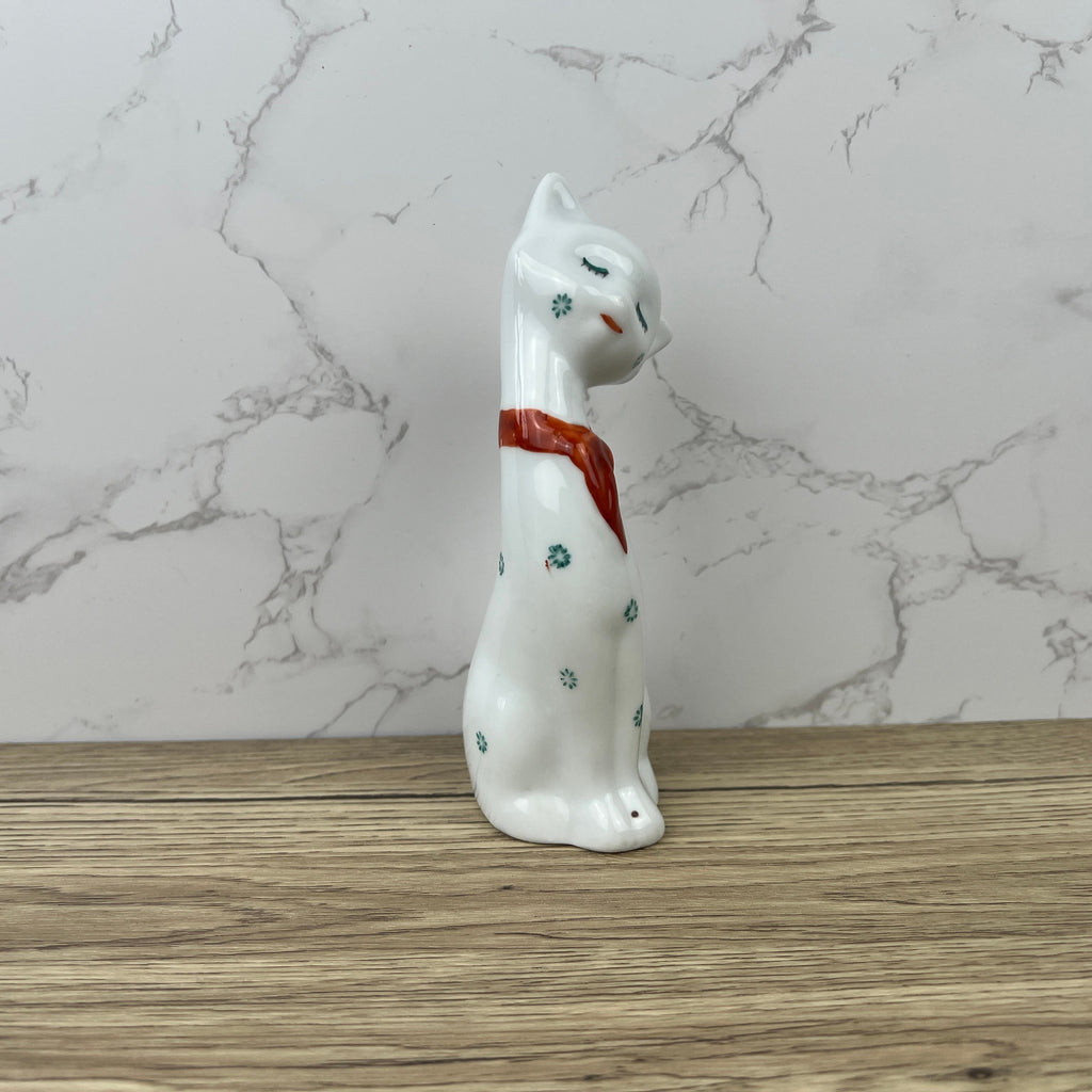 Vintage 1950s Kitsch Porcelain Cat Figurine, Red Bow Decor