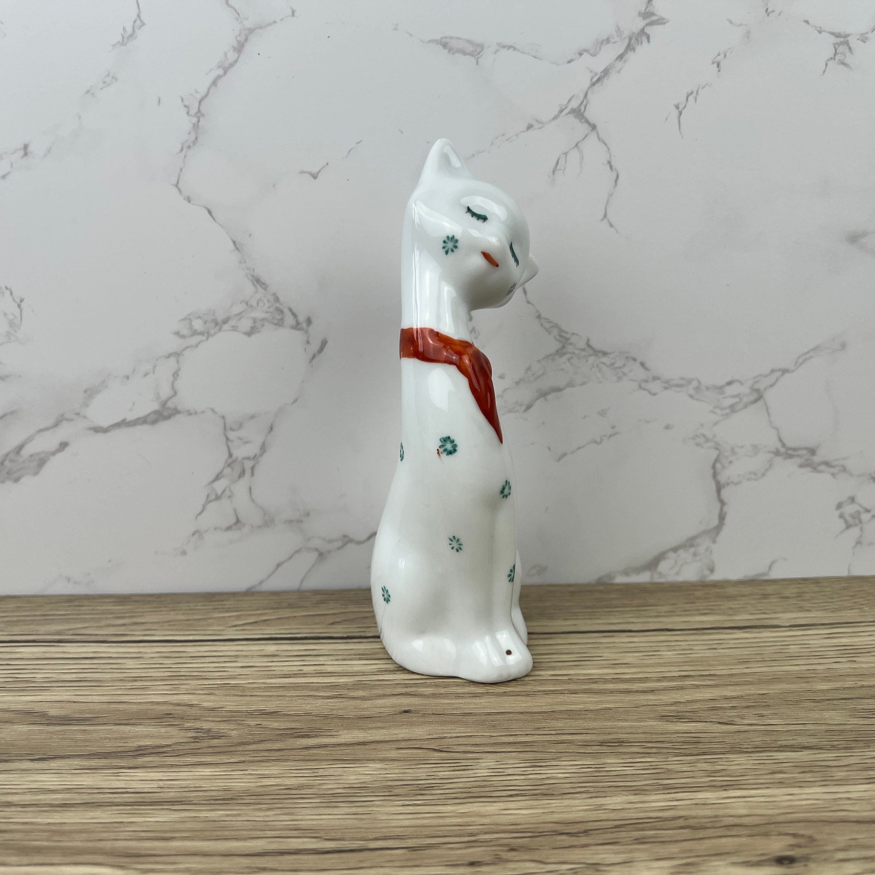Vintage 1950s Kitsch Porcelain Cat Figurine, Red Bow Decor