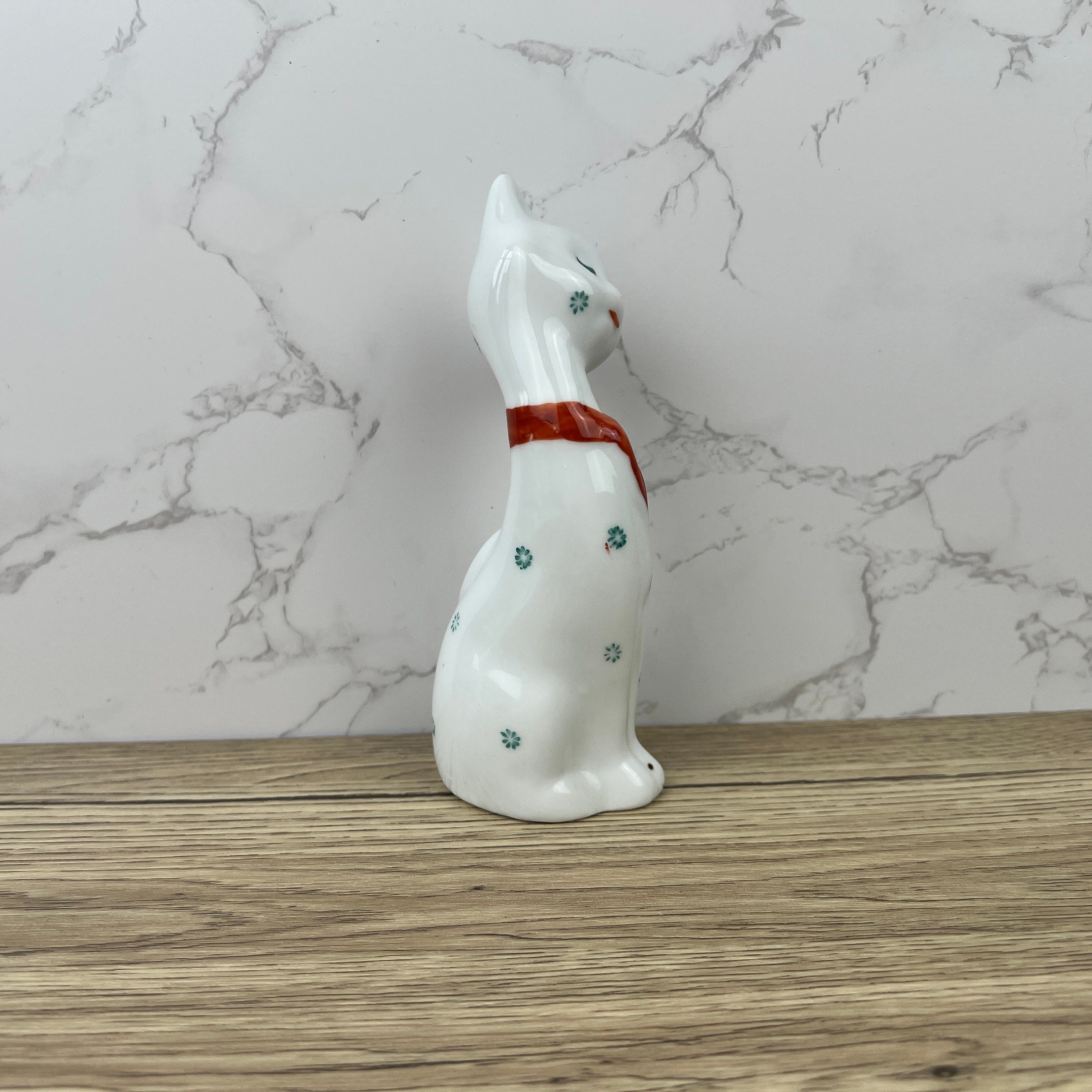 Vintage 1950s Kitsch Porcelain Cat Figurine, Red Bow Decor