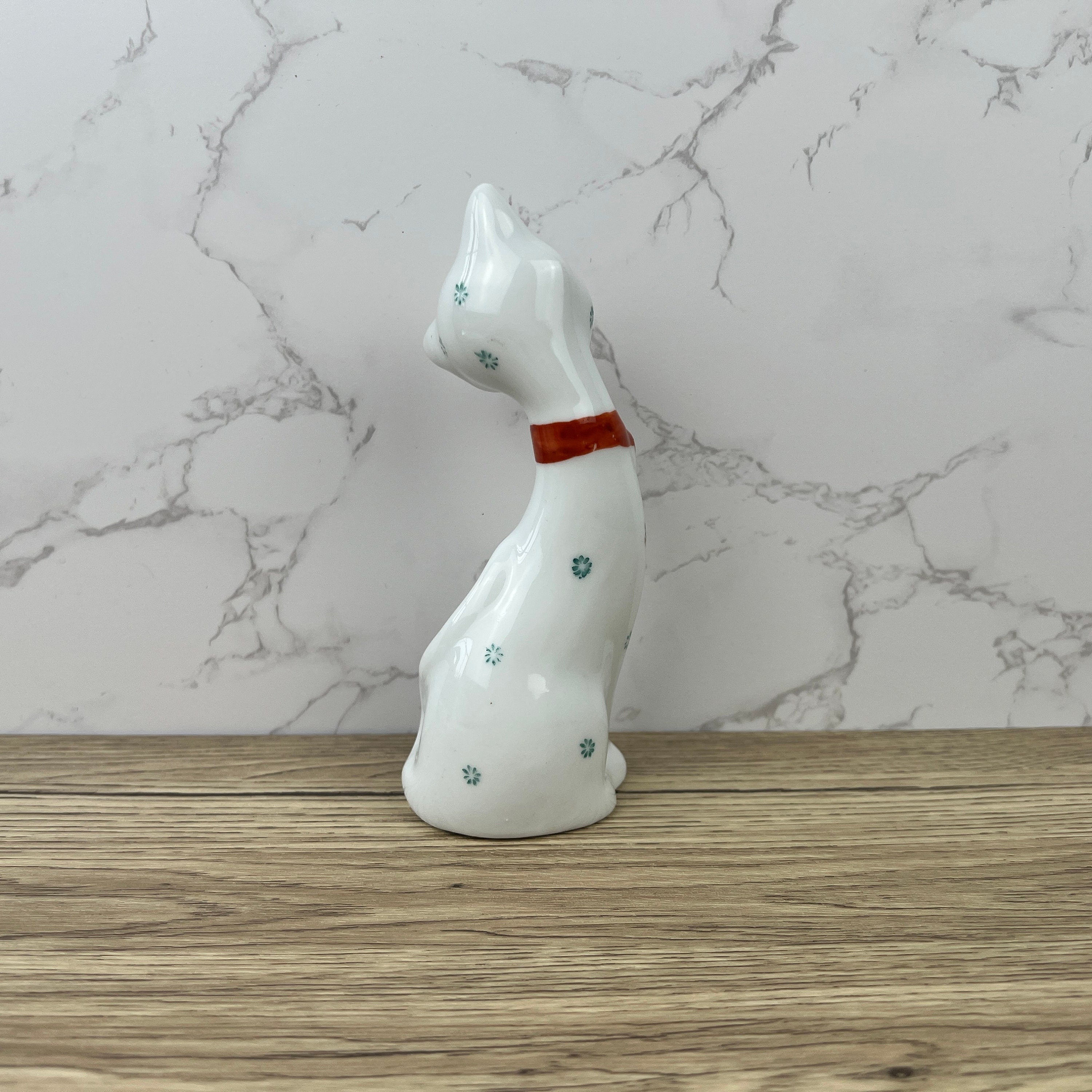 Vintage 1950s Kitsch Porcelain Cat Figurine, Red Bow Decor