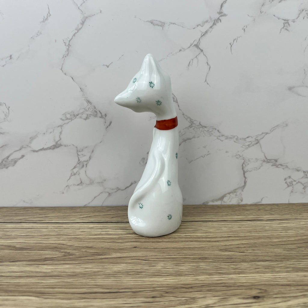 Vintage 1950s Kitsch Porcelain Cat Figurine, Red Bow Decor