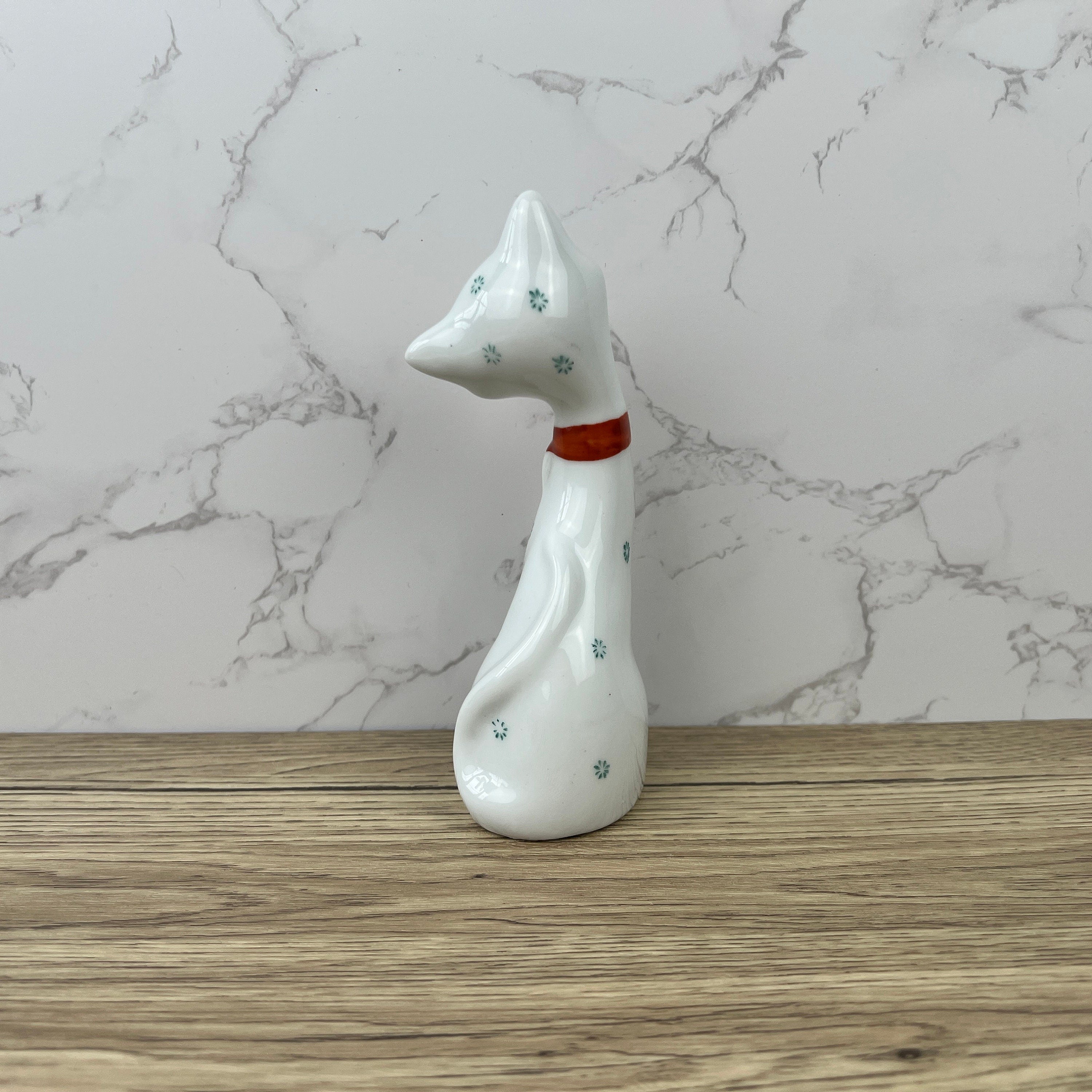 Vintage 1950s Kitsch Porcelain Cat Figurine, Red Bow Decor