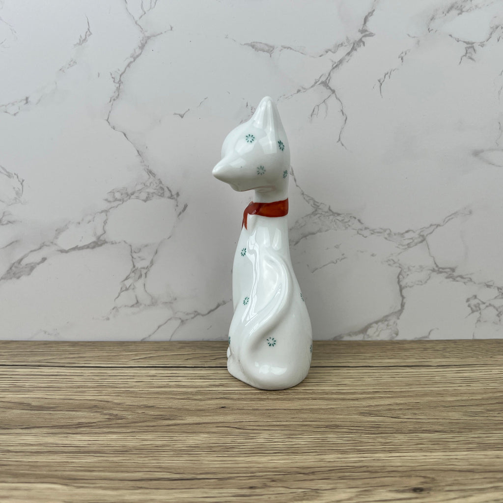 Vintage 1950s Kitsch Porcelain Cat Figurine, Red Bow Decor