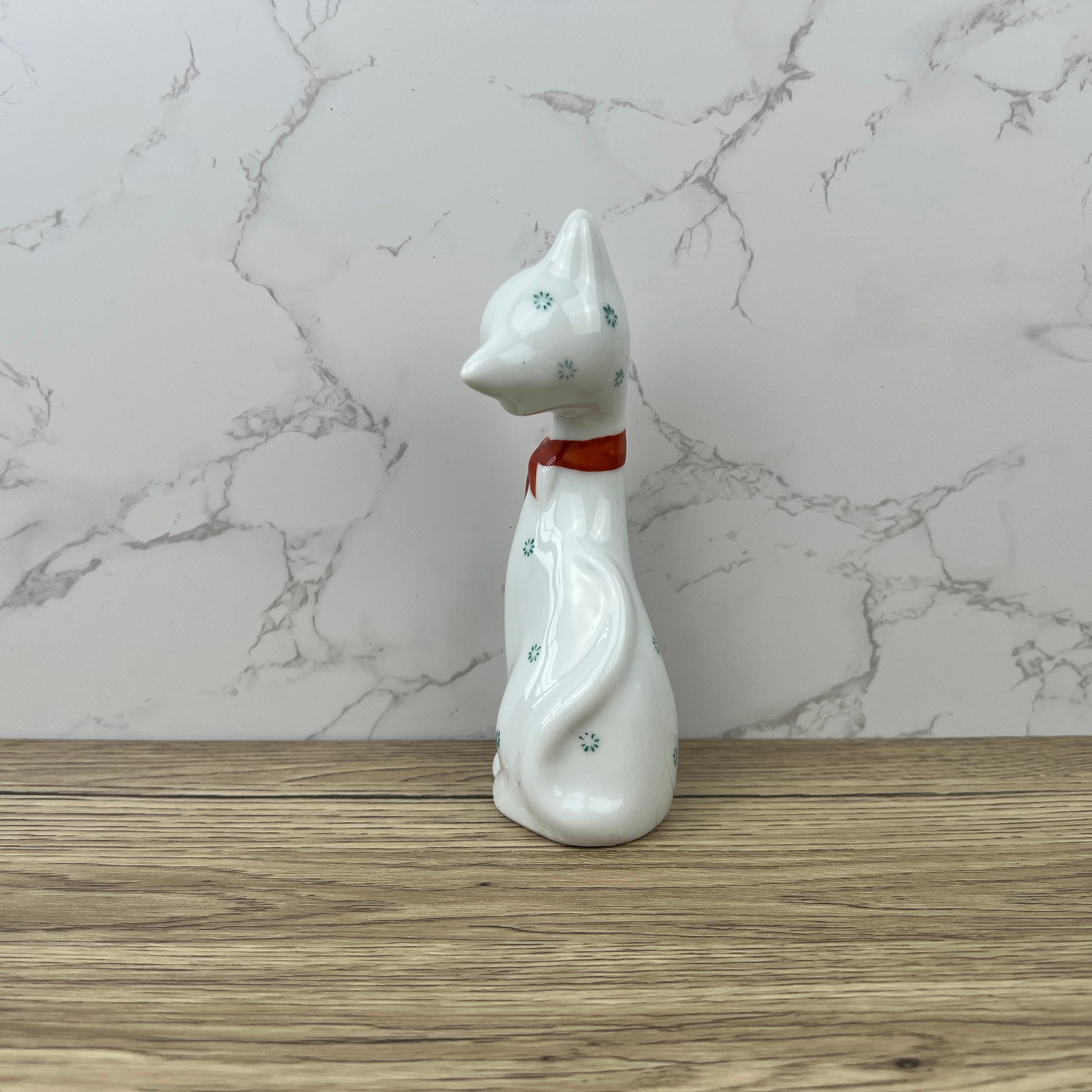 Vintage 1950s Kitsch Porcelain Cat Figurine, Red Bow Decor