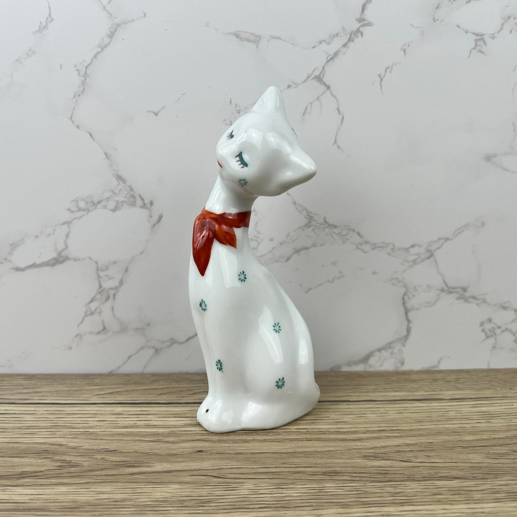 Vintage 1950s Kitsch Porcelain Cat Figurine, Red Bow Decor
