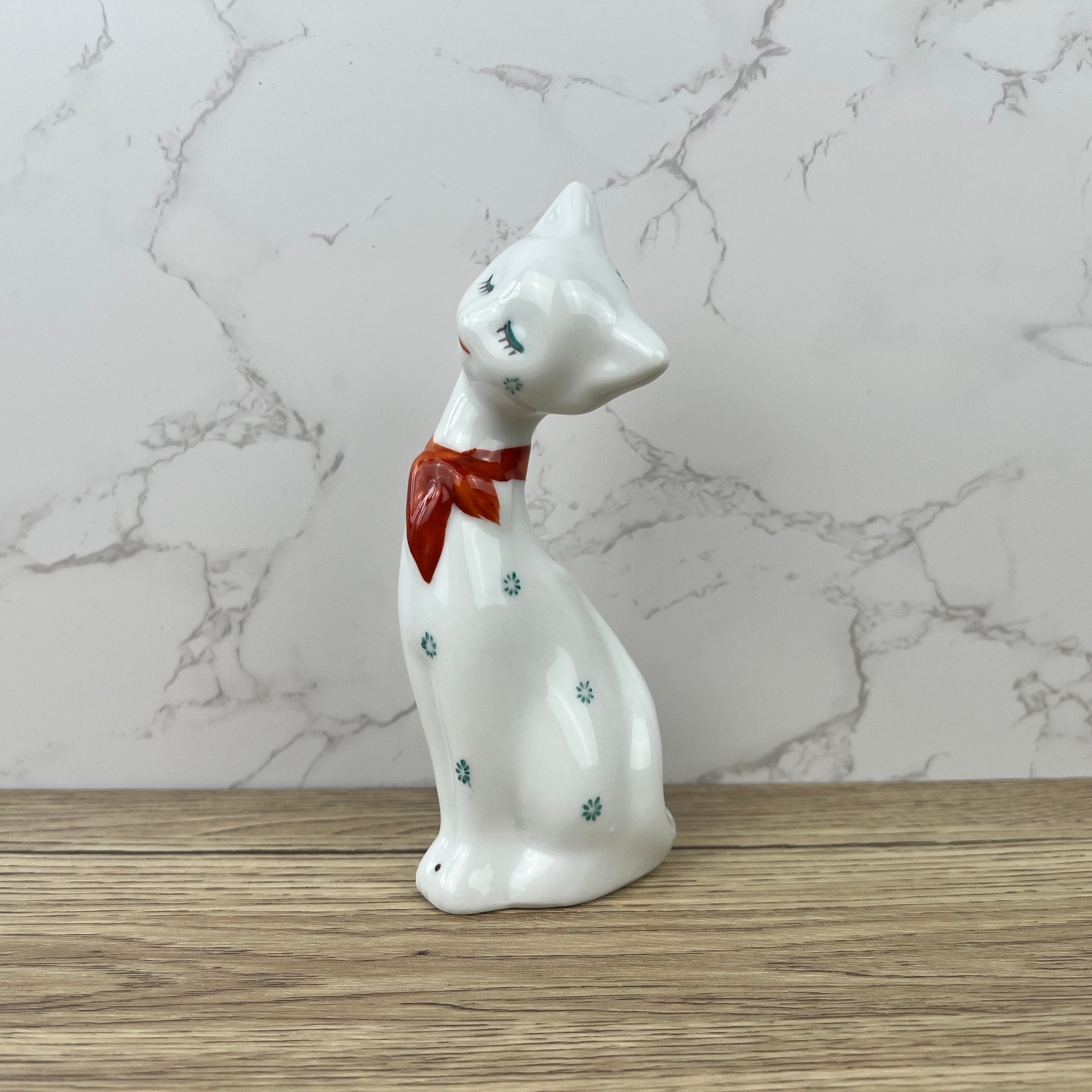 Vintage 1950s Kitsch Porcelain Cat Figurine, Red Bow Decor