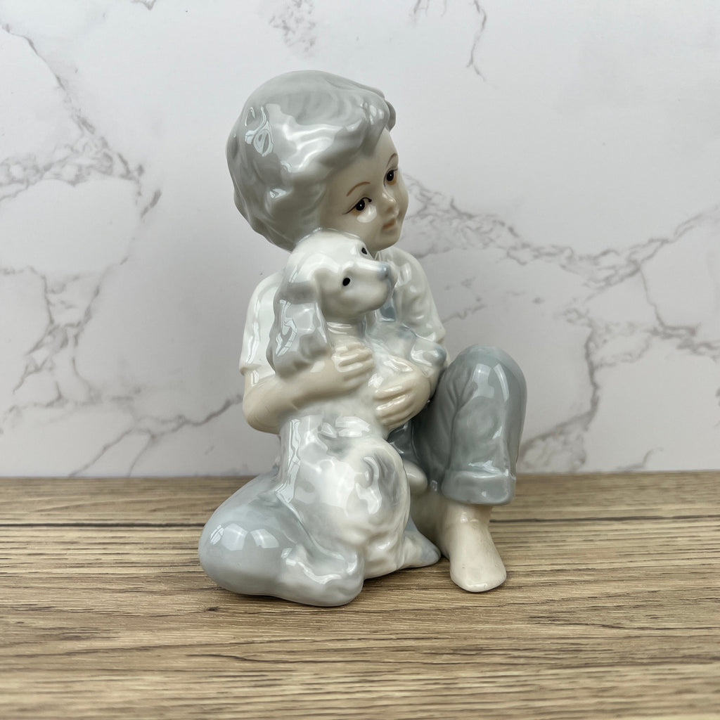 Vintage Porcelain Boy and Dog Figurine, Japan, Bone China
