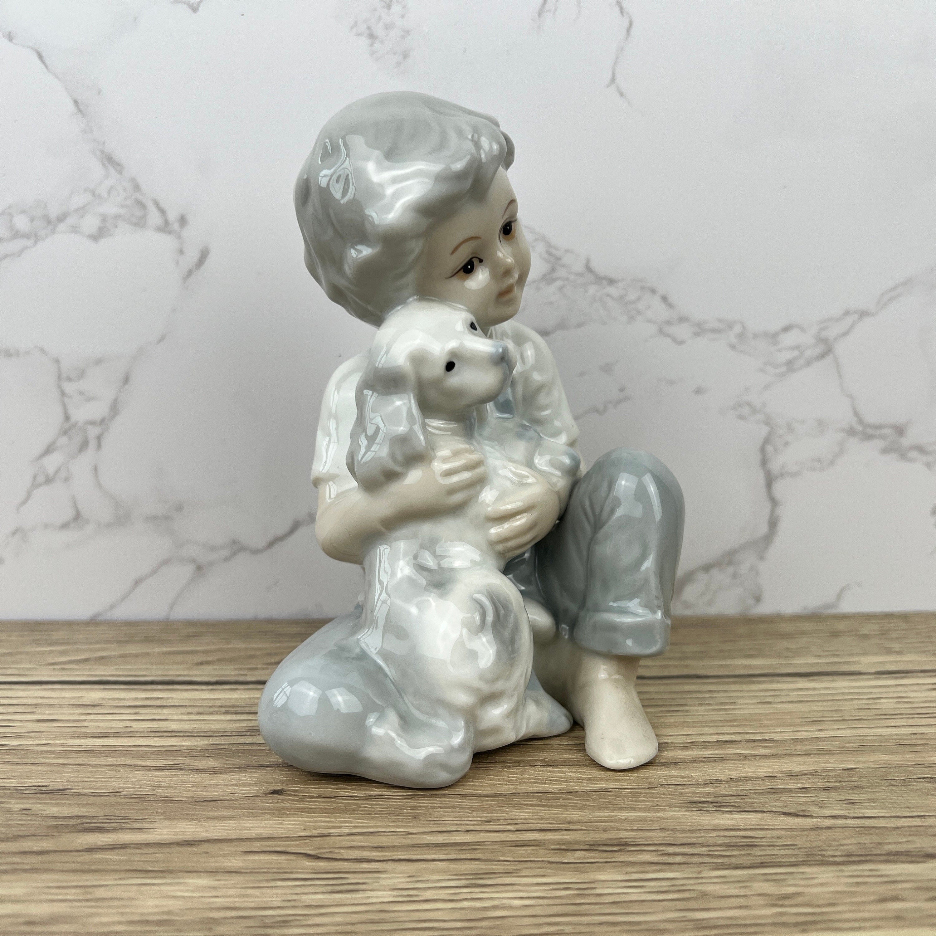 Vintage Porcelain Boy and Dog Figurine, Japan, Bone China