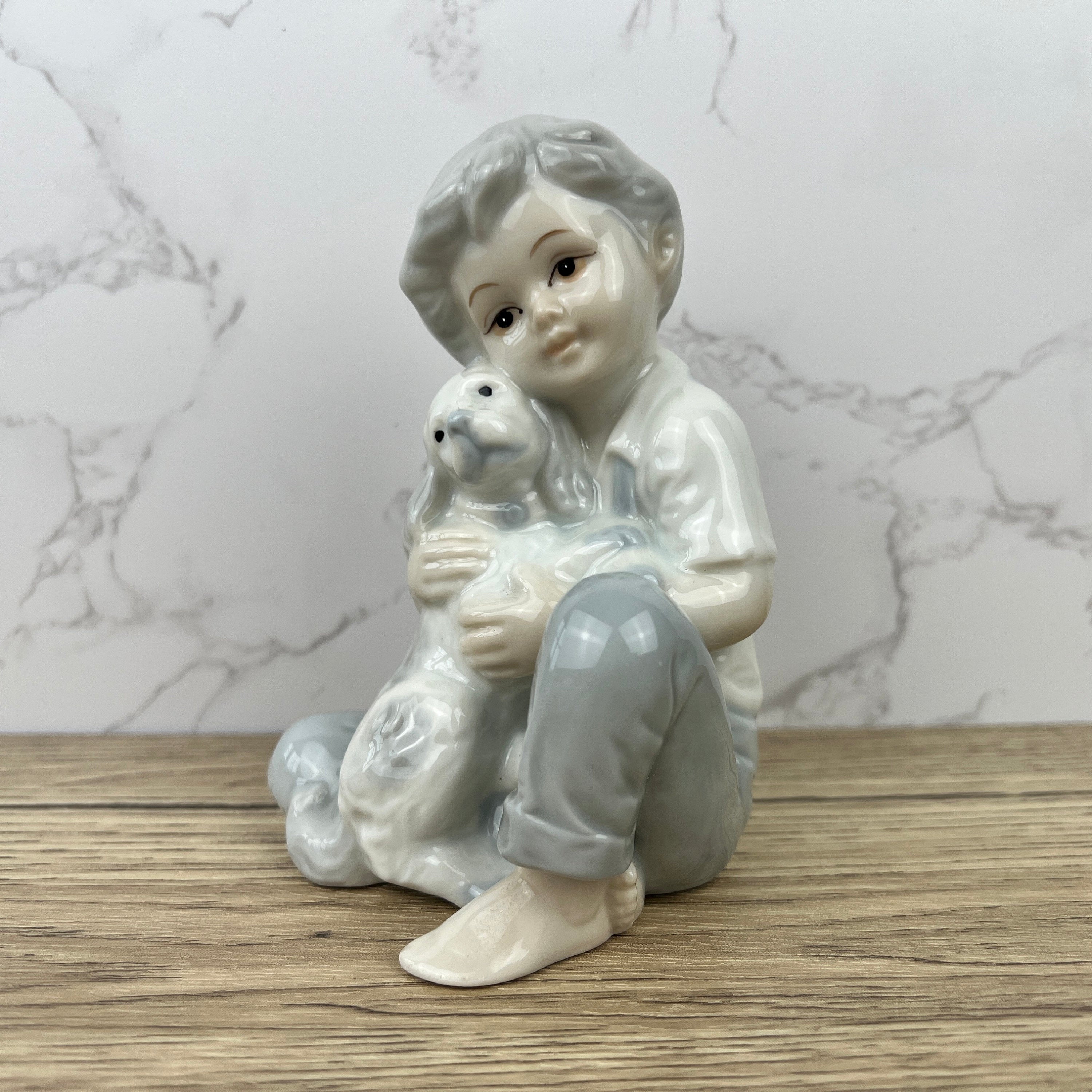 Vintage Porcelain Boy and Dog Figurine, Japan, Bone China