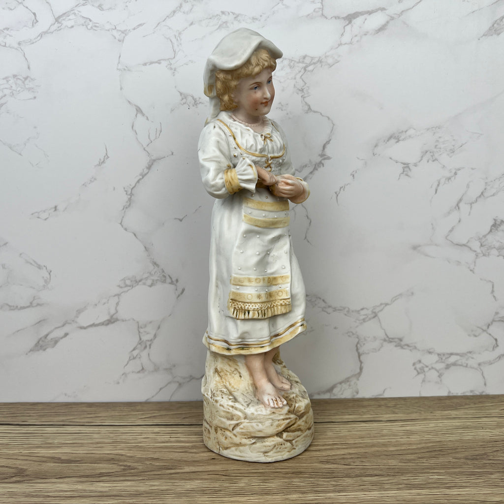 Antique Heubach Bisque Porcelain Peasant Lady Figurine, c1880s