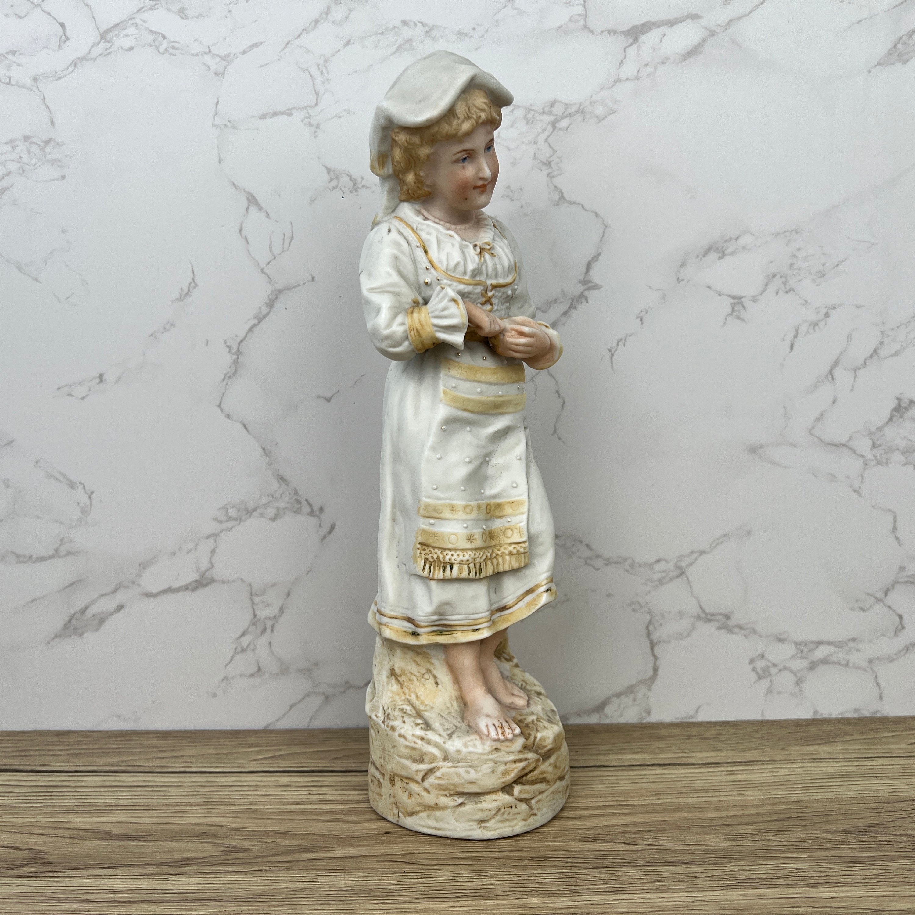 Antique Heubach Bisque Porcelain Peasant Lady Figurine, c1880s
