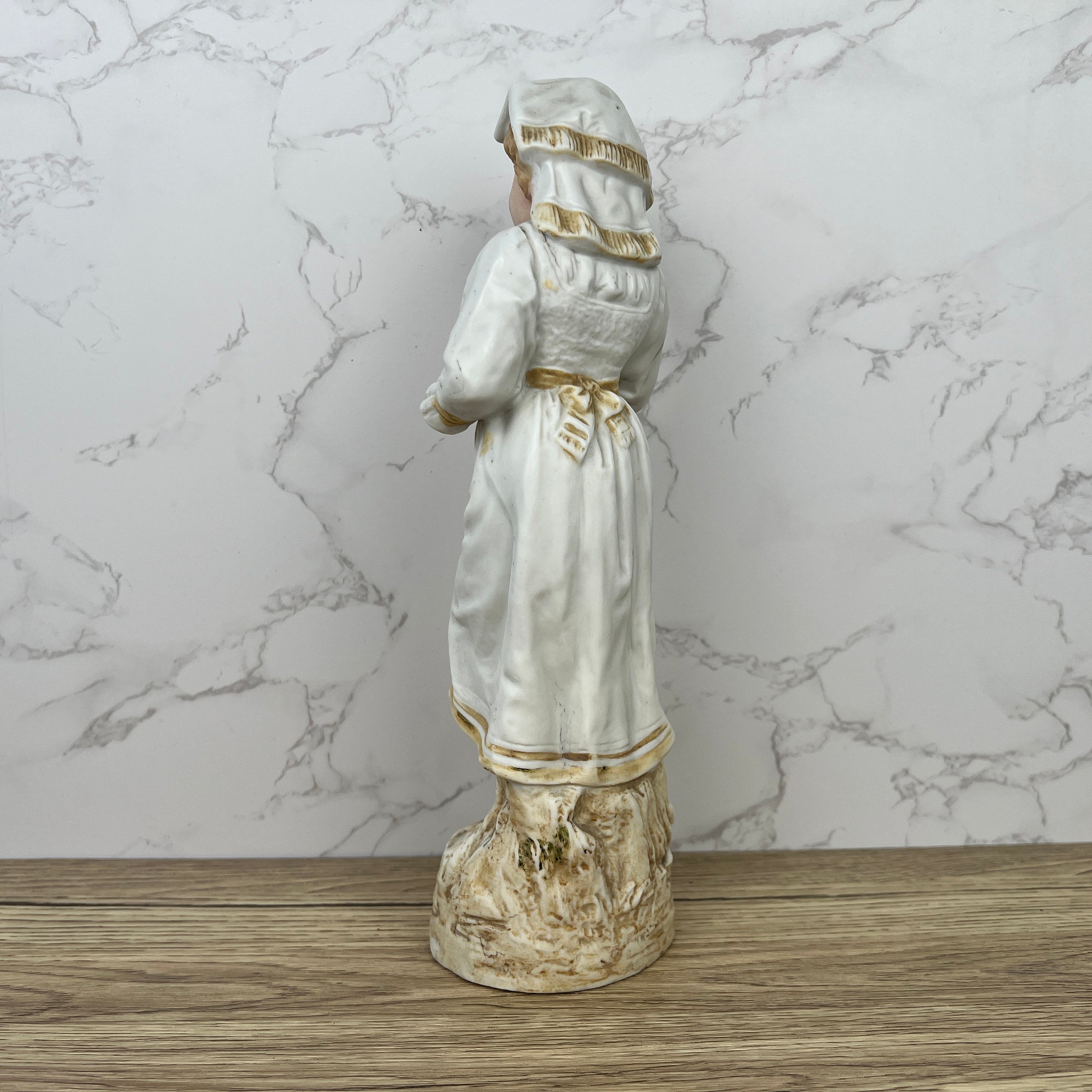 Antique Heubach Bisque Porcelain Peasant Lady Figurine, c1880s