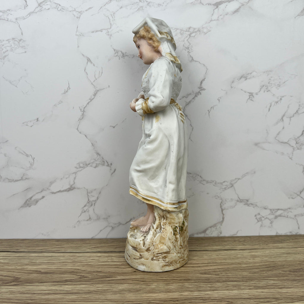 Antique Heubach Bisque Porcelain Peasant Lady Figurine, c1880s