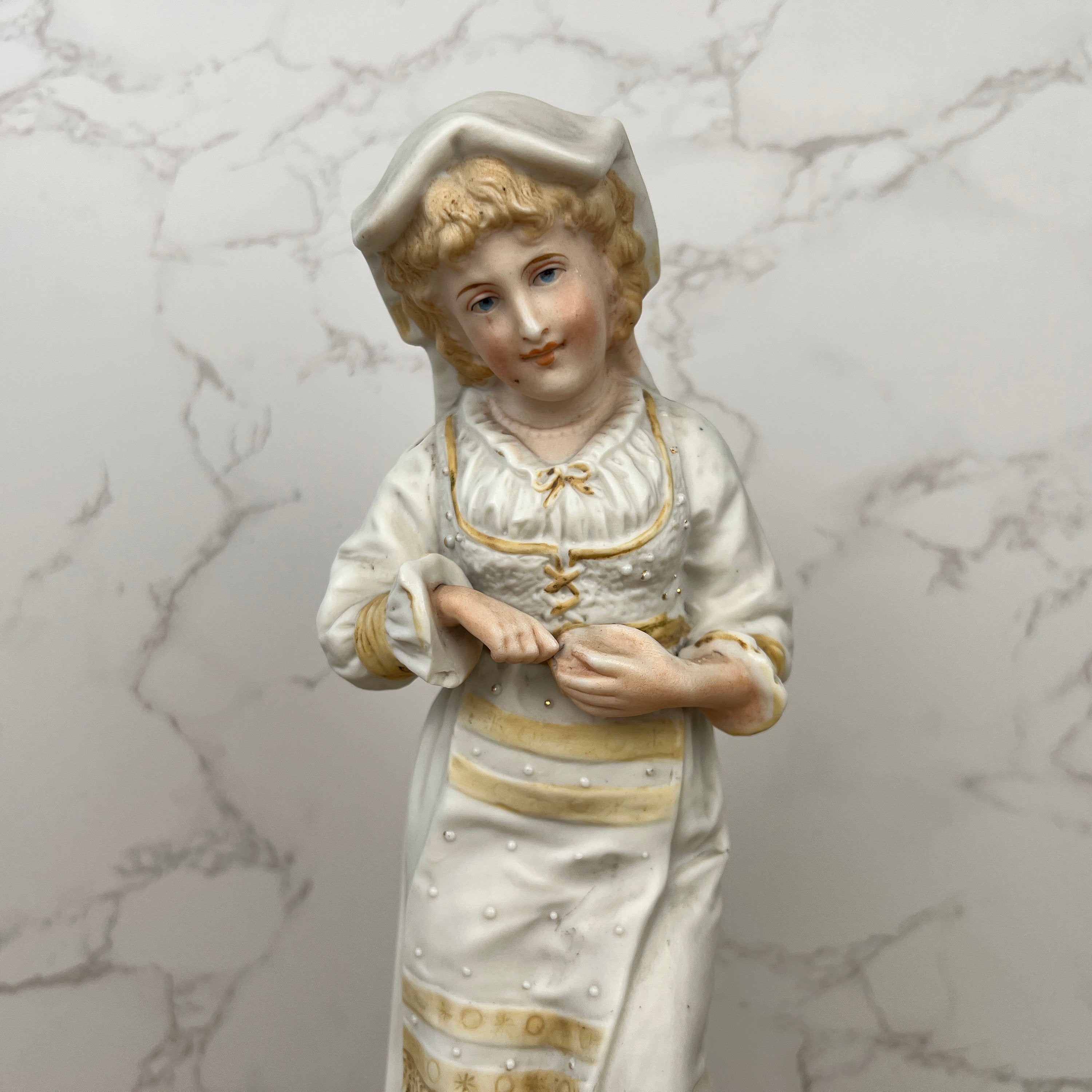 Antique Heubach Bisque Porcelain Peasant Lady Figurine, c1880s