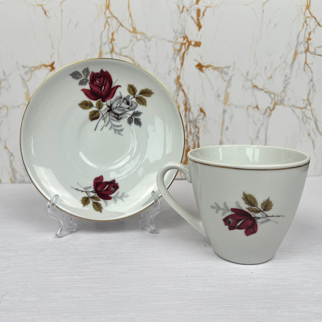 Vintage Bone China Tea Cup and Saucer, Red Rose Floral Pattern
