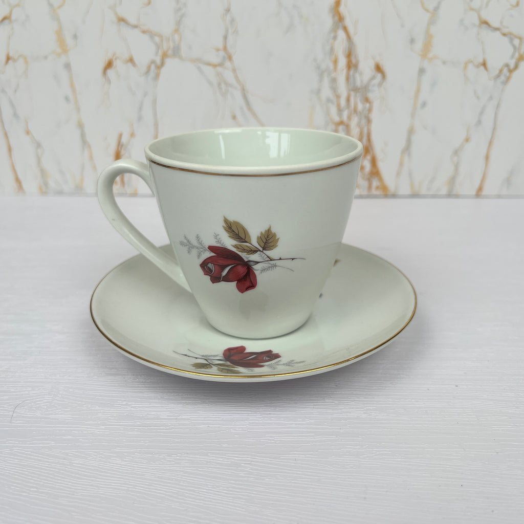Vintage Bone China Tea Cup and Saucer, Red Rose Floral Pattern