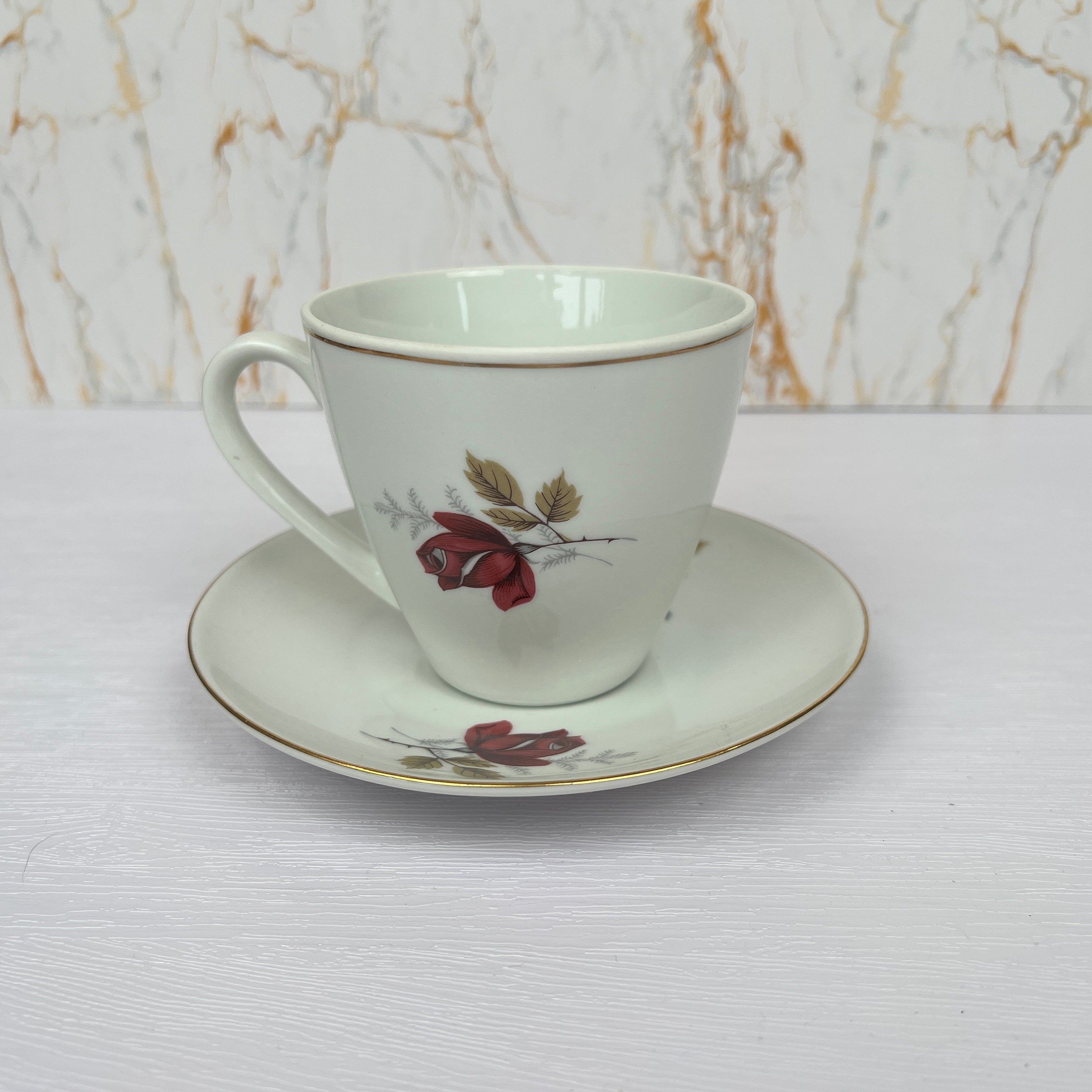 Vintage Bone China Tea Cup and Saucer, Red Rose Floral Pattern