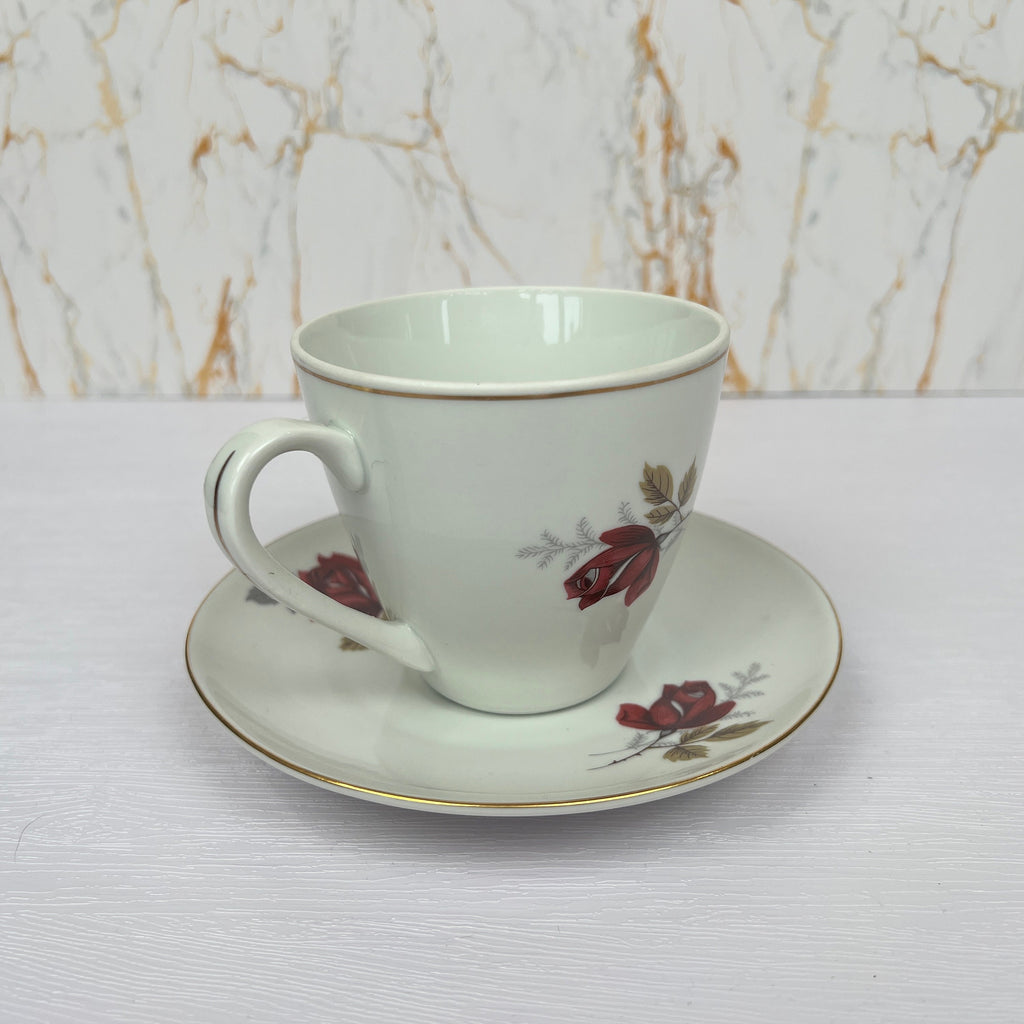 Vintage Bone China Tea Cup and Saucer, Red Rose Floral Pattern