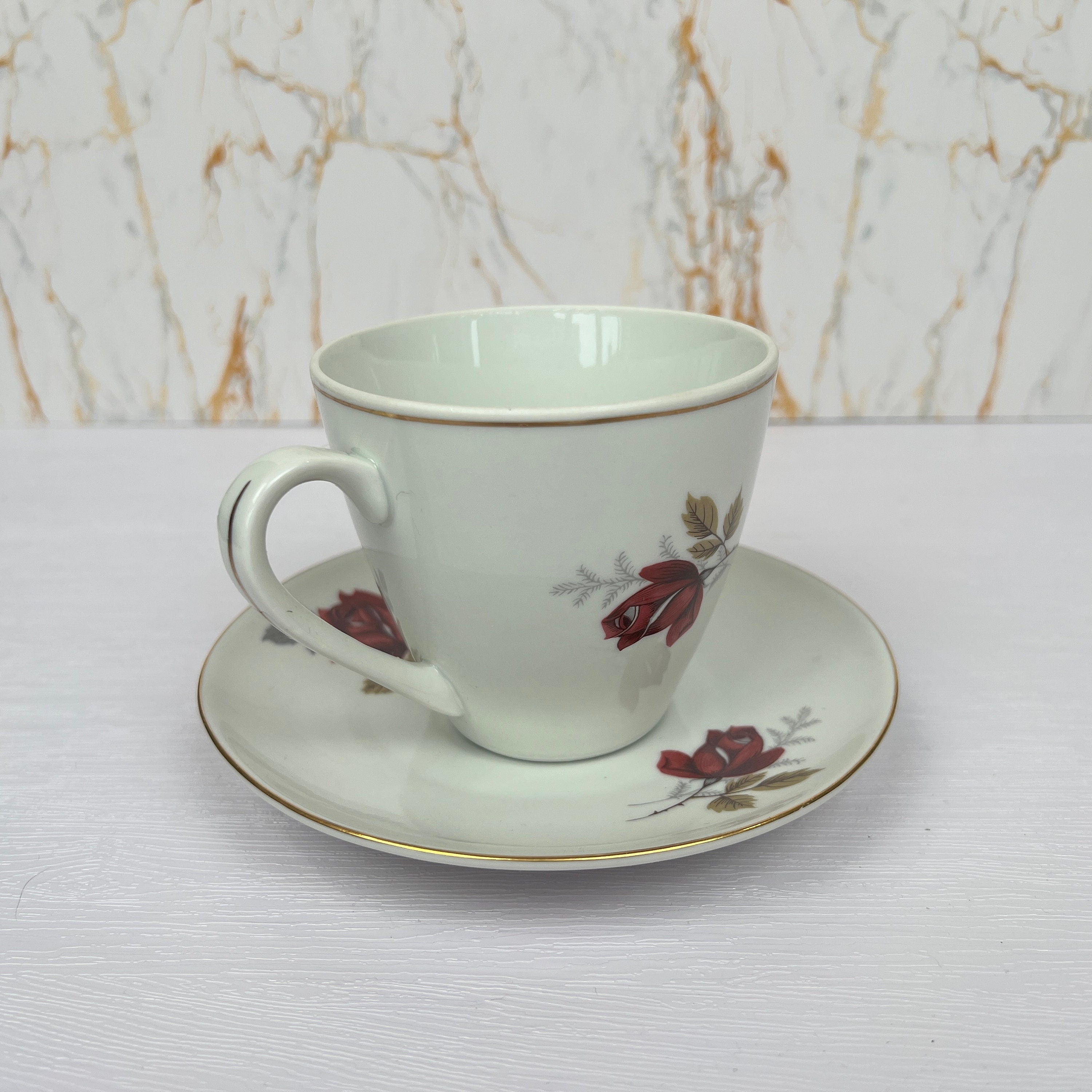Vintage Bone China Tea Cup and Saucer, Red Rose Floral Pattern