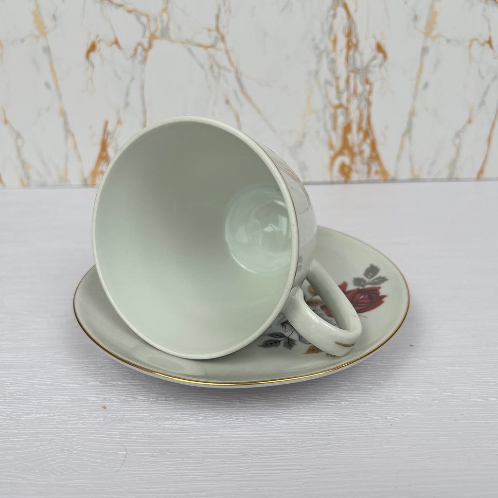 Vintage Bone China Tea Cup and Saucer, Red Rose Floral Pattern