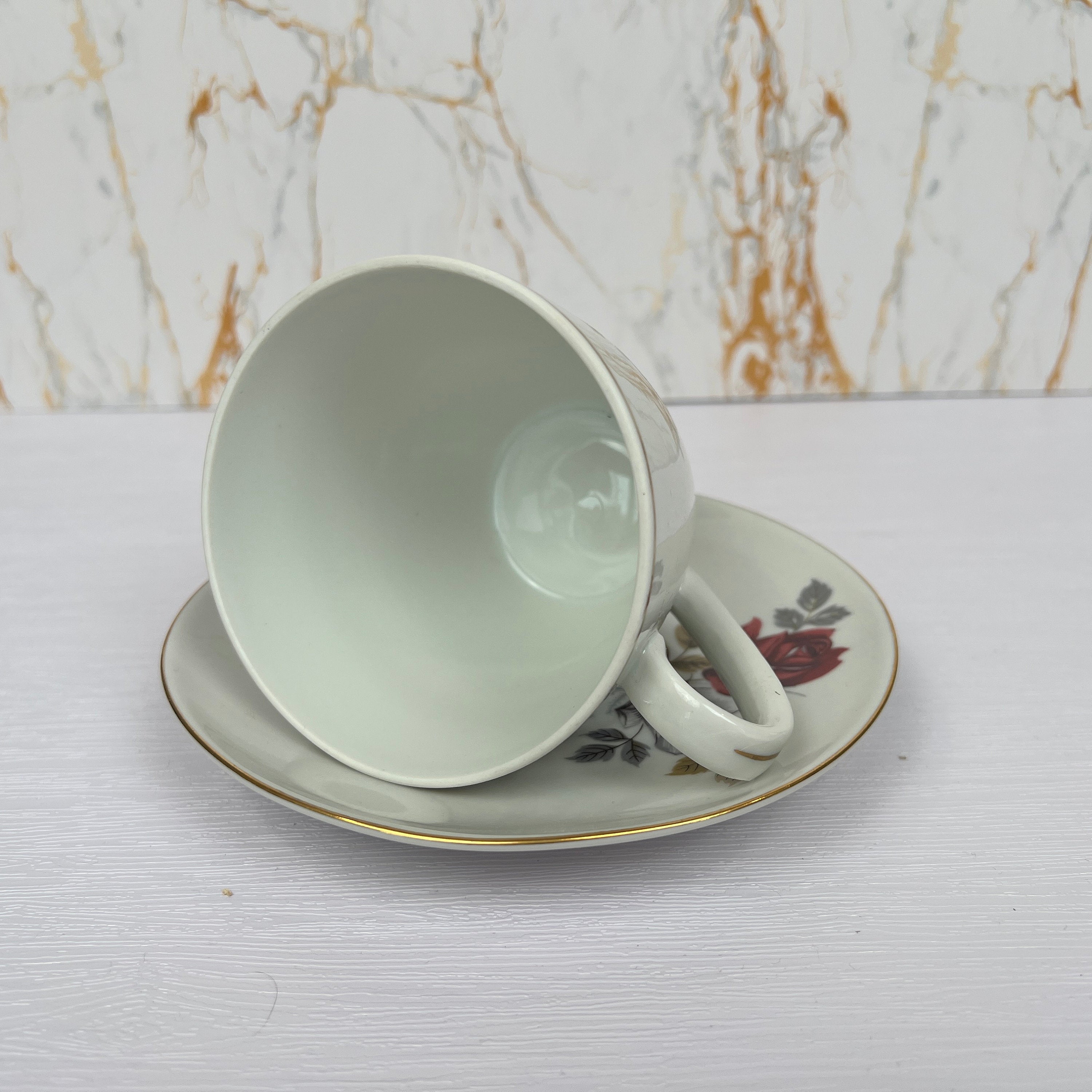 Vintage Bone China Tea Cup and Saucer, Red Rose Floral Pattern
