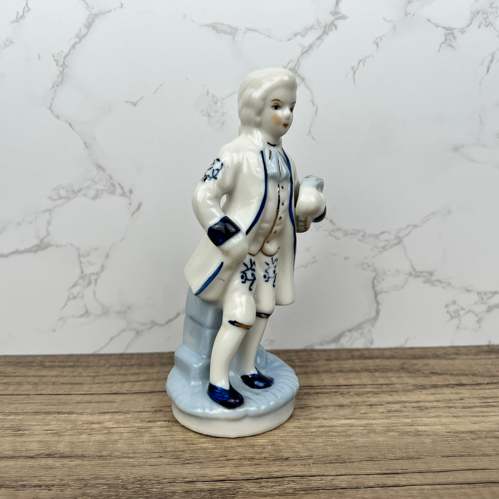 Vintage Porcelain Colonial Man Figurine, Blue and White Floral Decor
