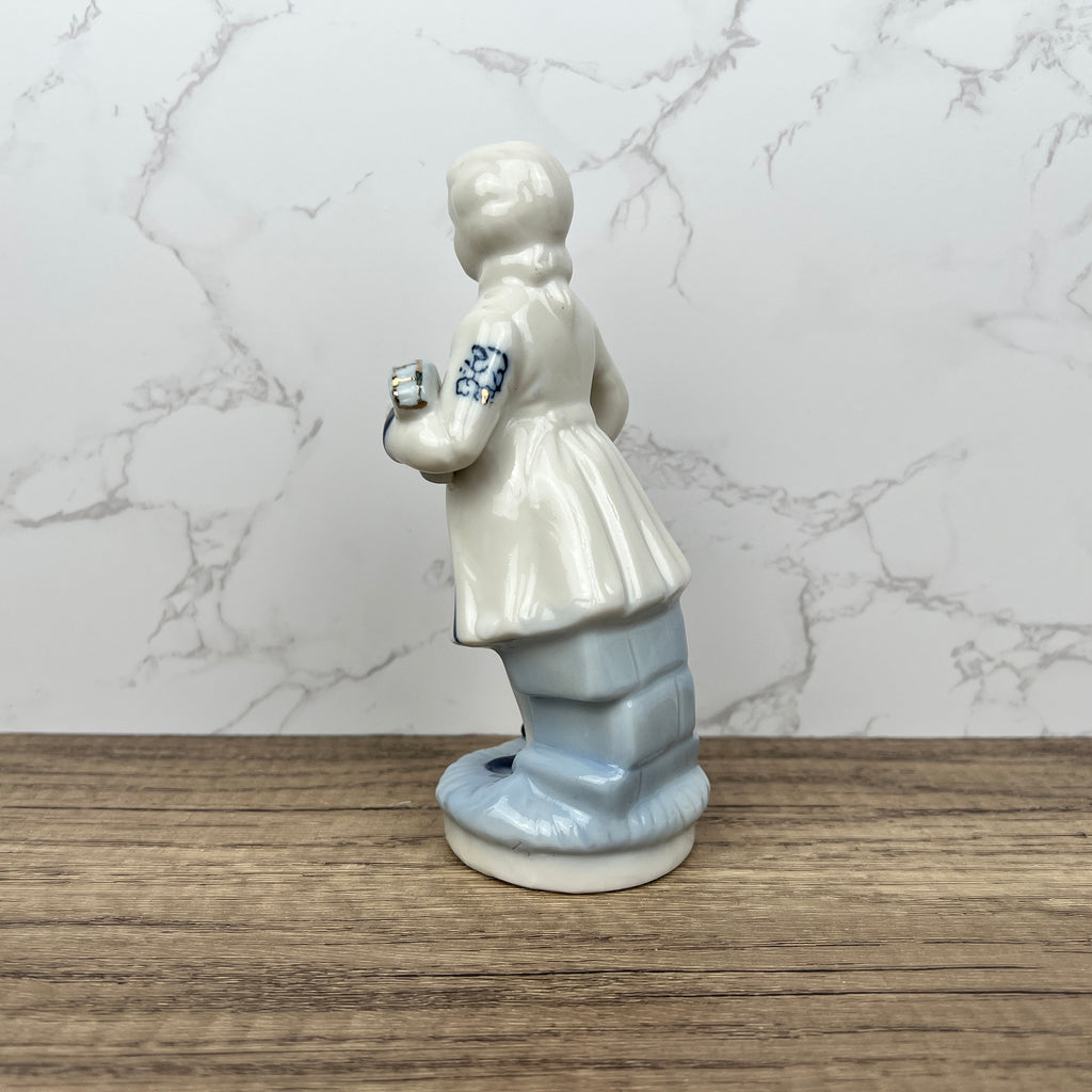 Vintage Porcelain Colonial Man Figurine, Blue and White Floral Decor