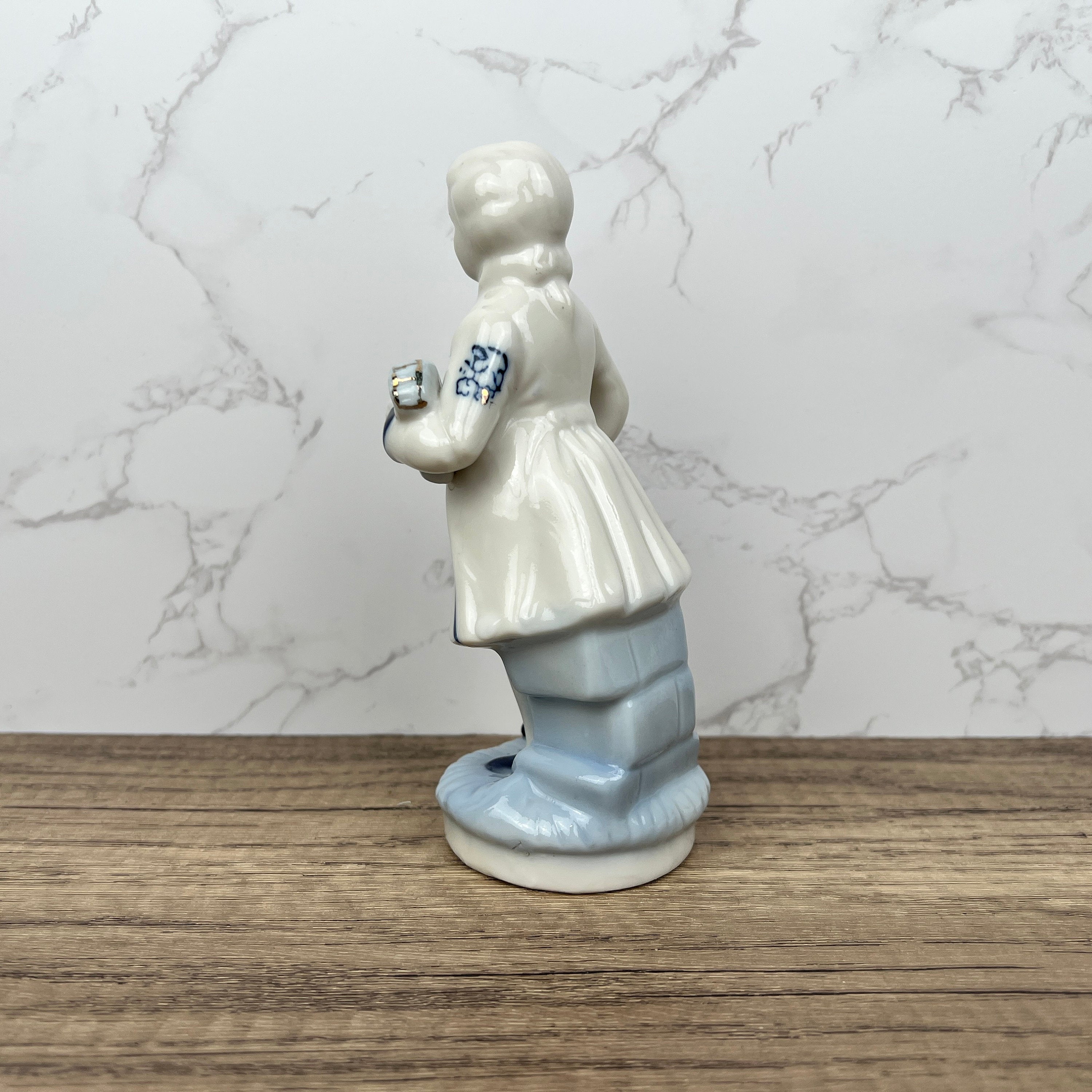 Vintage Porcelain Colonial Man Figurine, Blue and White Floral Decor