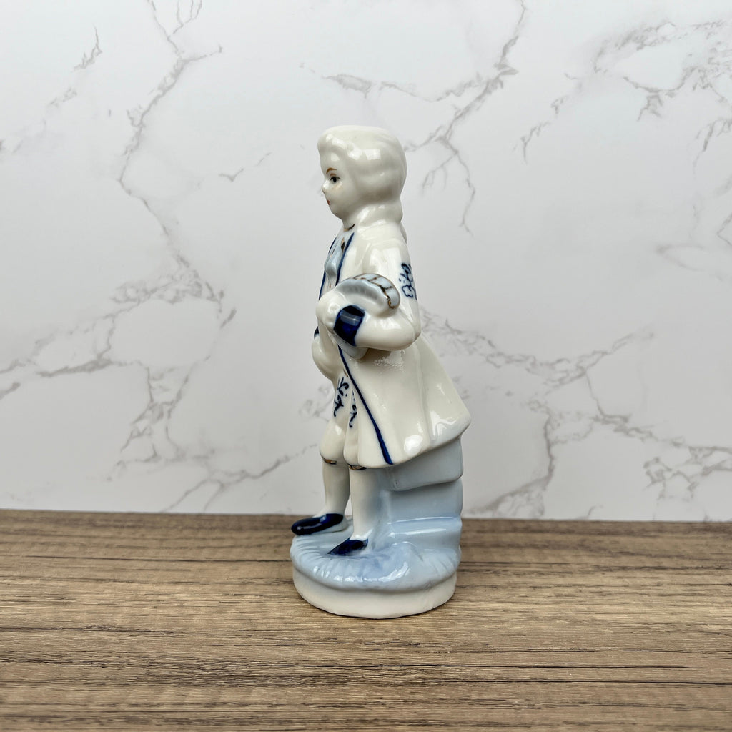 Vintage Porcelain Colonial Man Figurine, Blue and White Floral Decor