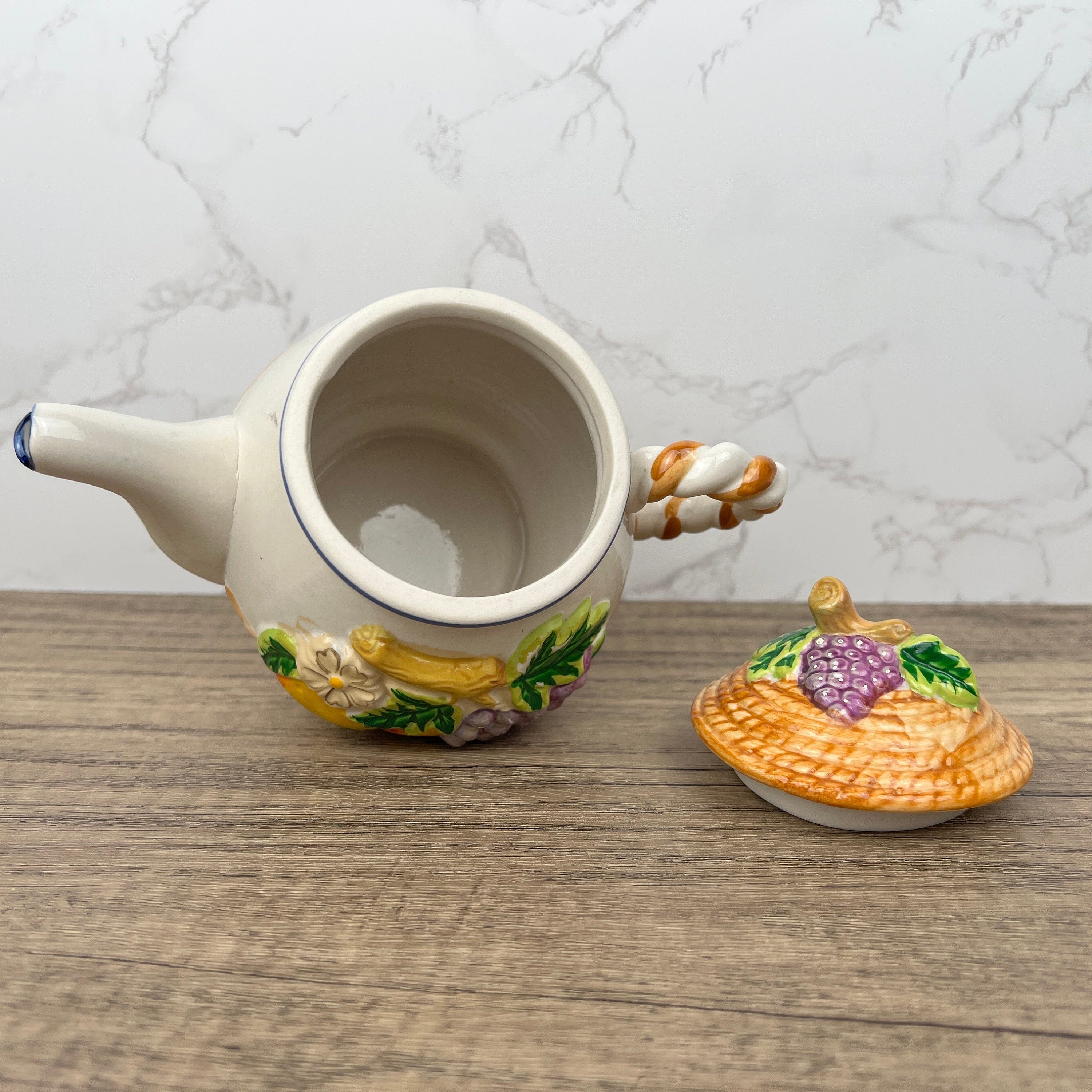 Handmade Vintage Fruit Teapot, Mid Century Cottage Kitchenware