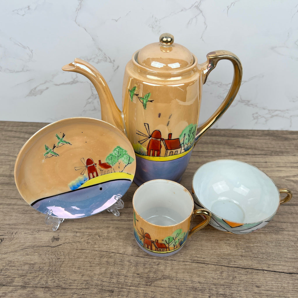 Vintage Mikori Japan Espresso Set, Hand Painted Windmill Landscape