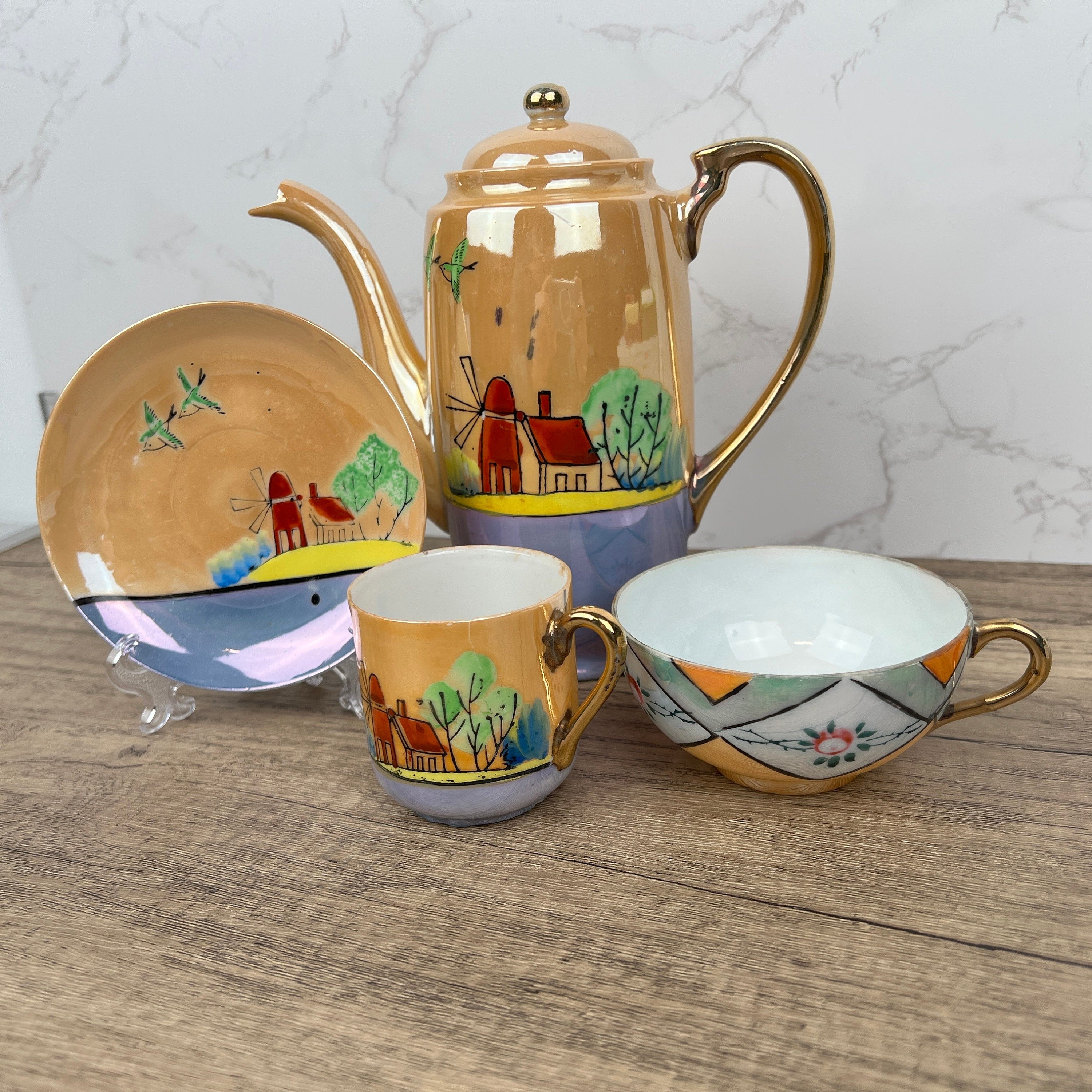 Vintage Mikori Japan Espresso Set, Hand Painted Windmill Landscape