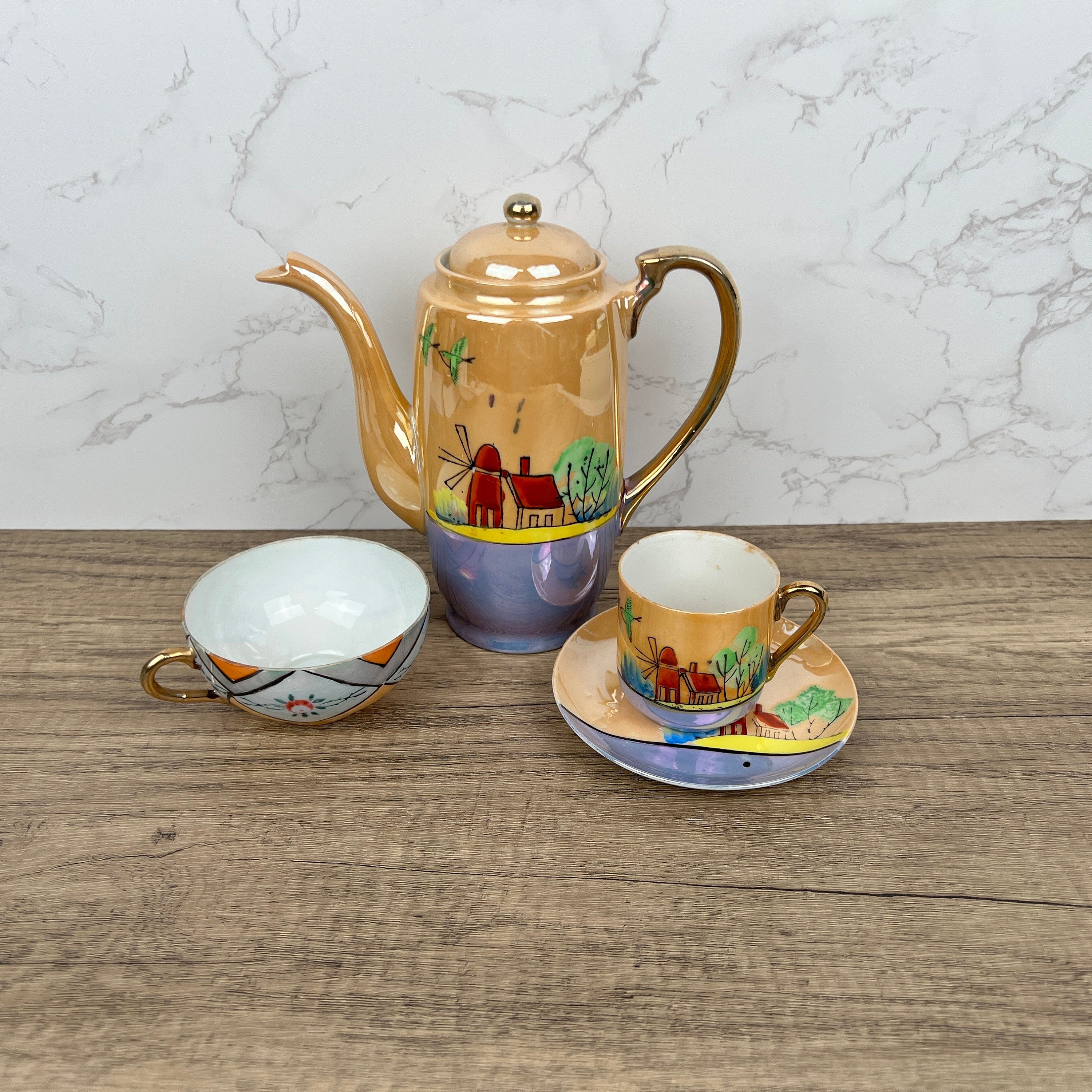 Vintage Mikori Japan Espresso Set, Hand Painted Windmill Landscape